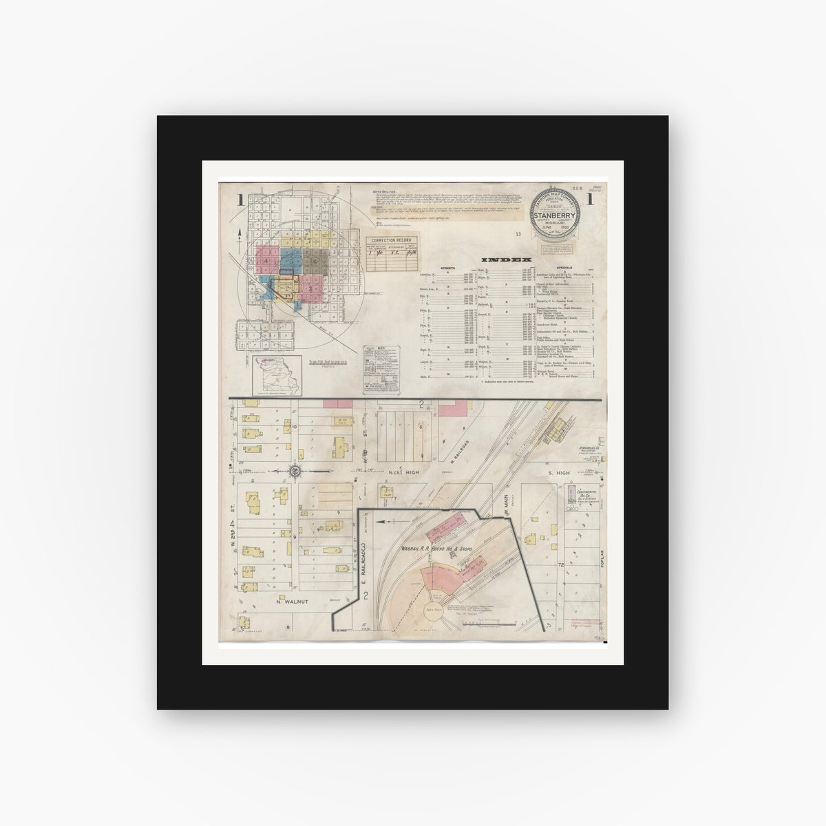 Old map wall art mockup — black gallery frame with white mat — Sanborn Fire Insurance Map from Stanberry, Gentry County, Missouri (1940), Sheet #0001
