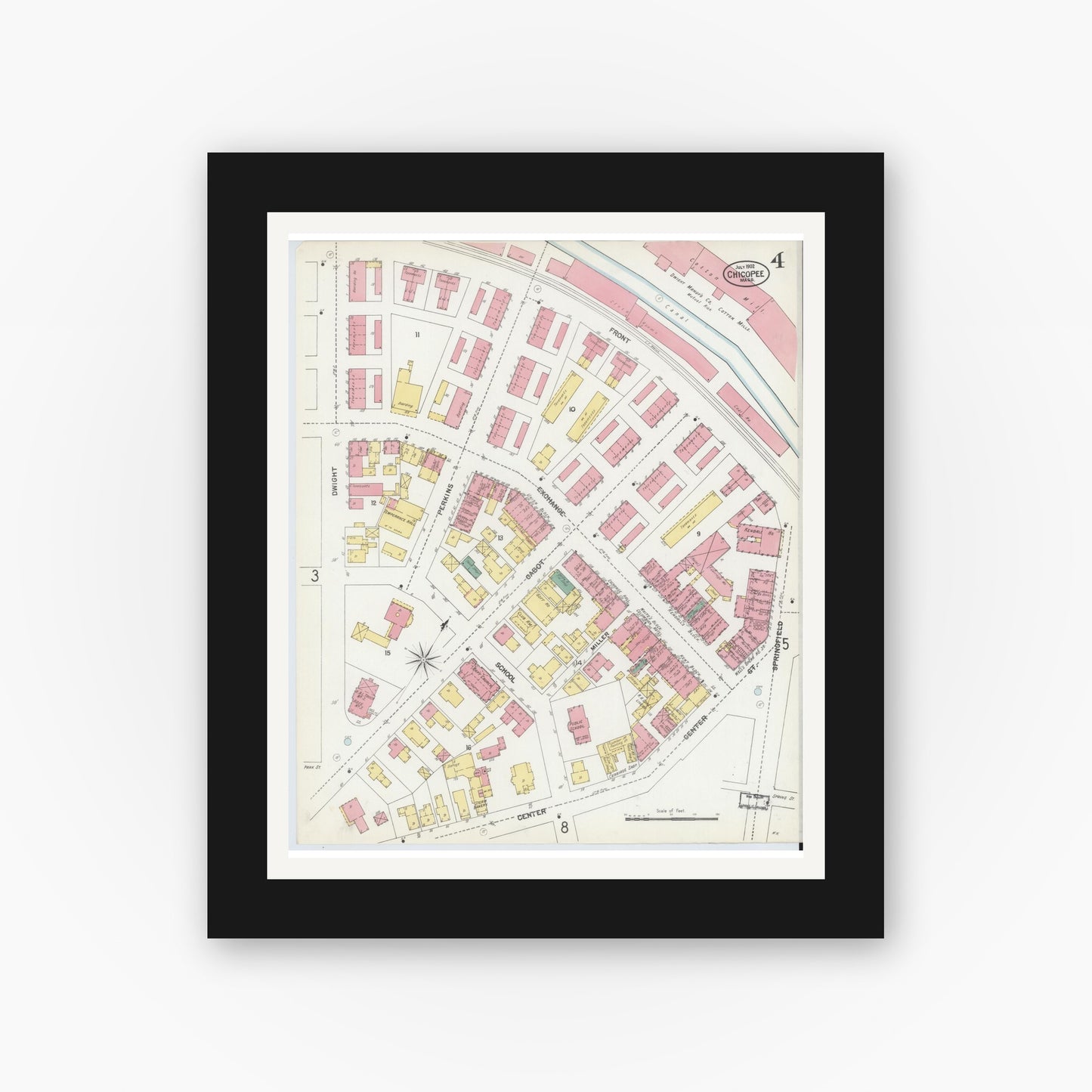 Old map wall art mockup — black gallery frame with white mat — Sanborn Fire Insurance Map from Chicopee, Hampden County, Massachusetts (1902), Sheet #0004