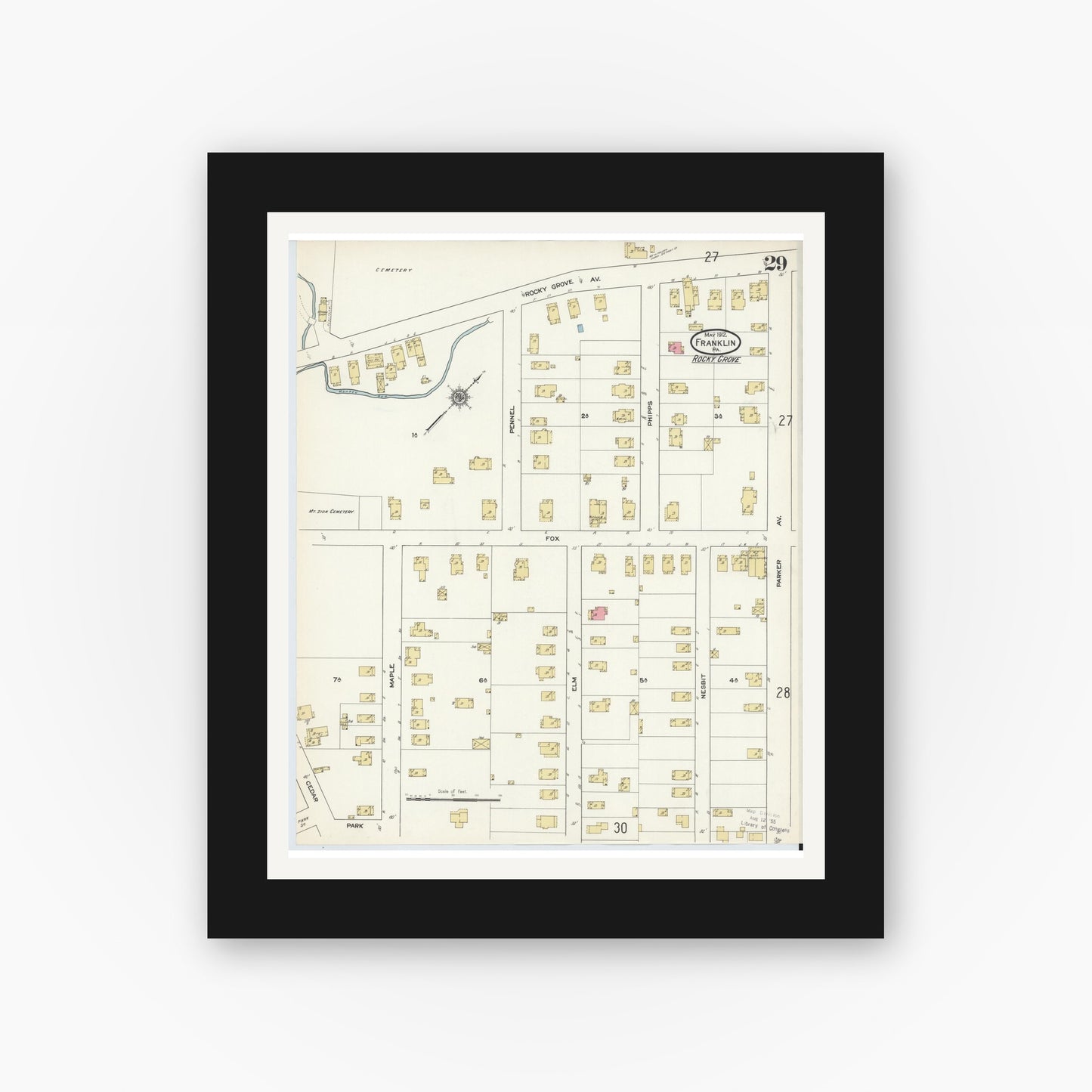 Old map wall art mockup — black gallery frame with white mat — Sanborn Fire Insurance Map from Franklin, Venango County, Pennsylvania (1912), Sheet #0029