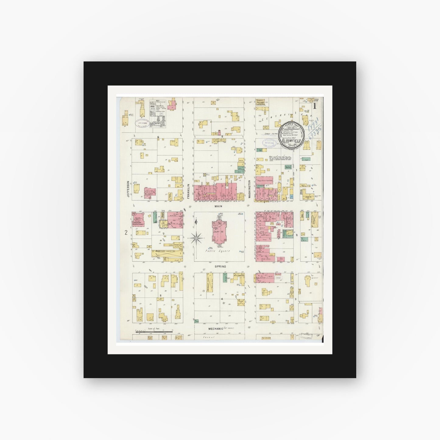 Old map wall art mockup — black gallery frame with white mat — Sanborn Fire Insurance Map from Bloomfield, Greene County, Indiana (1898) - Complete Map Set