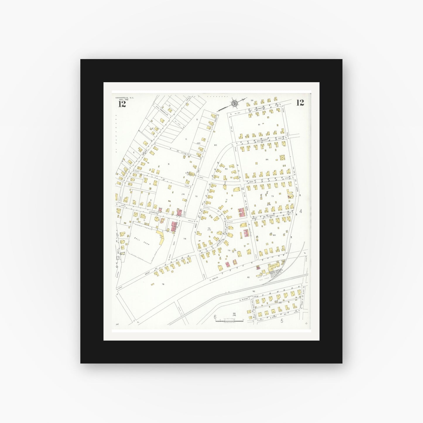 Old map wall art mockup — black gallery frame with white mat — Sanborn Fire Insurance Map from Kannapolis, Rowan And Cabarrus Counties, North Carolina (1932), Sheet #0012
