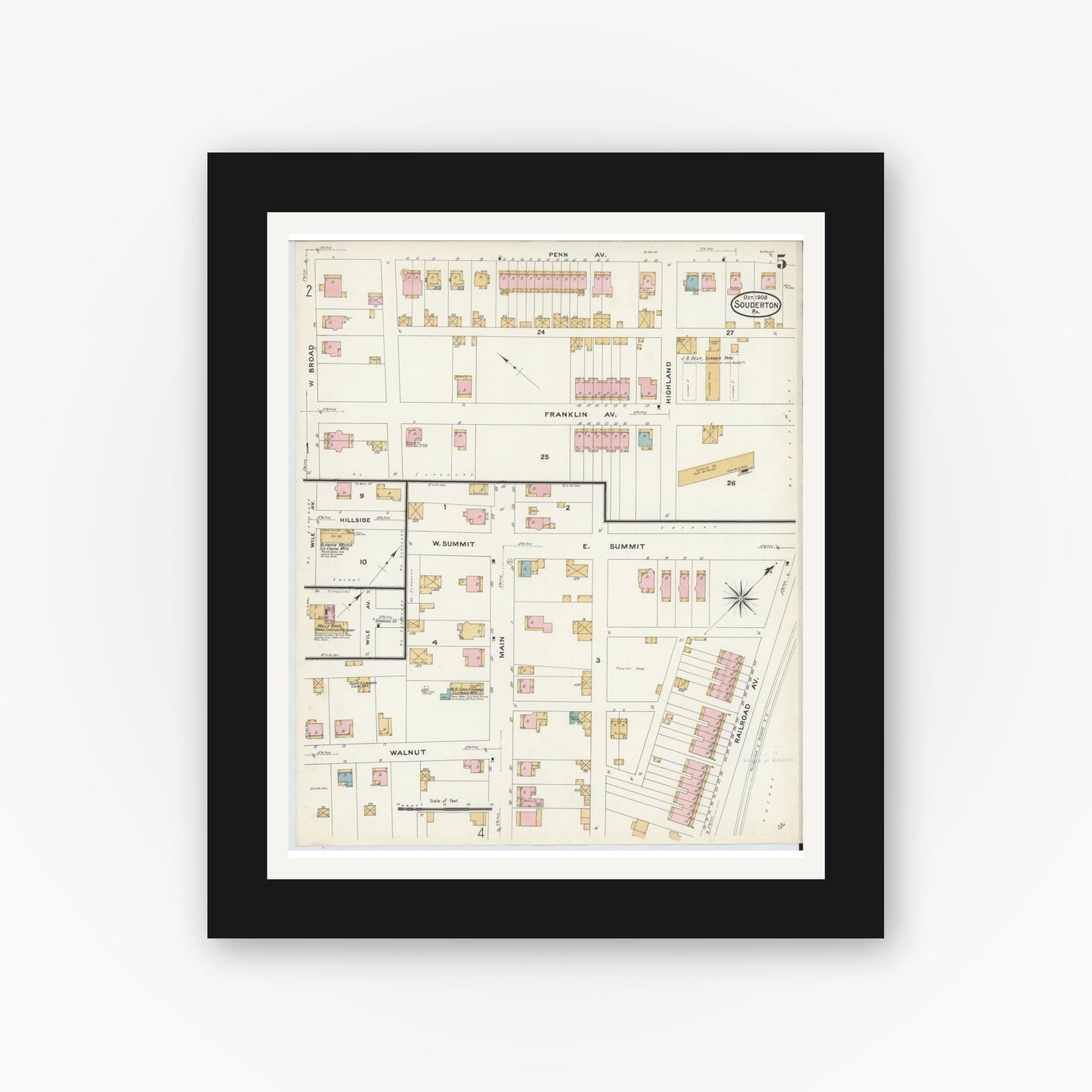 Old map wall art mockup — black gallery frame with white mat — Sanborn Fire Insurance Map from Souderton, Montgomery County, Pennsylvania (1908), Sheet #0005