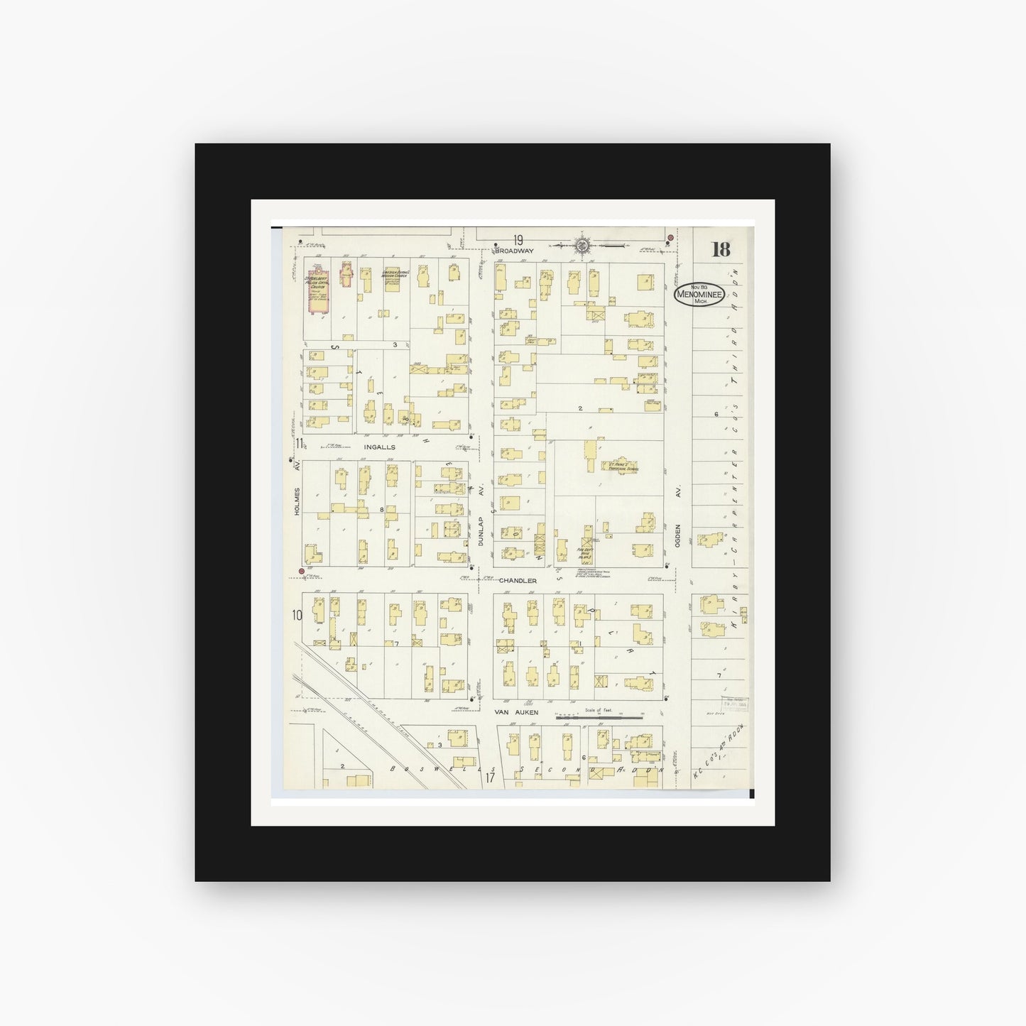 Old map wall art mockup — black gallery frame with white mat — Sanborn Fire Insurance Map from Menominee, Menominee County, Michigan (1913), Sheet #0018