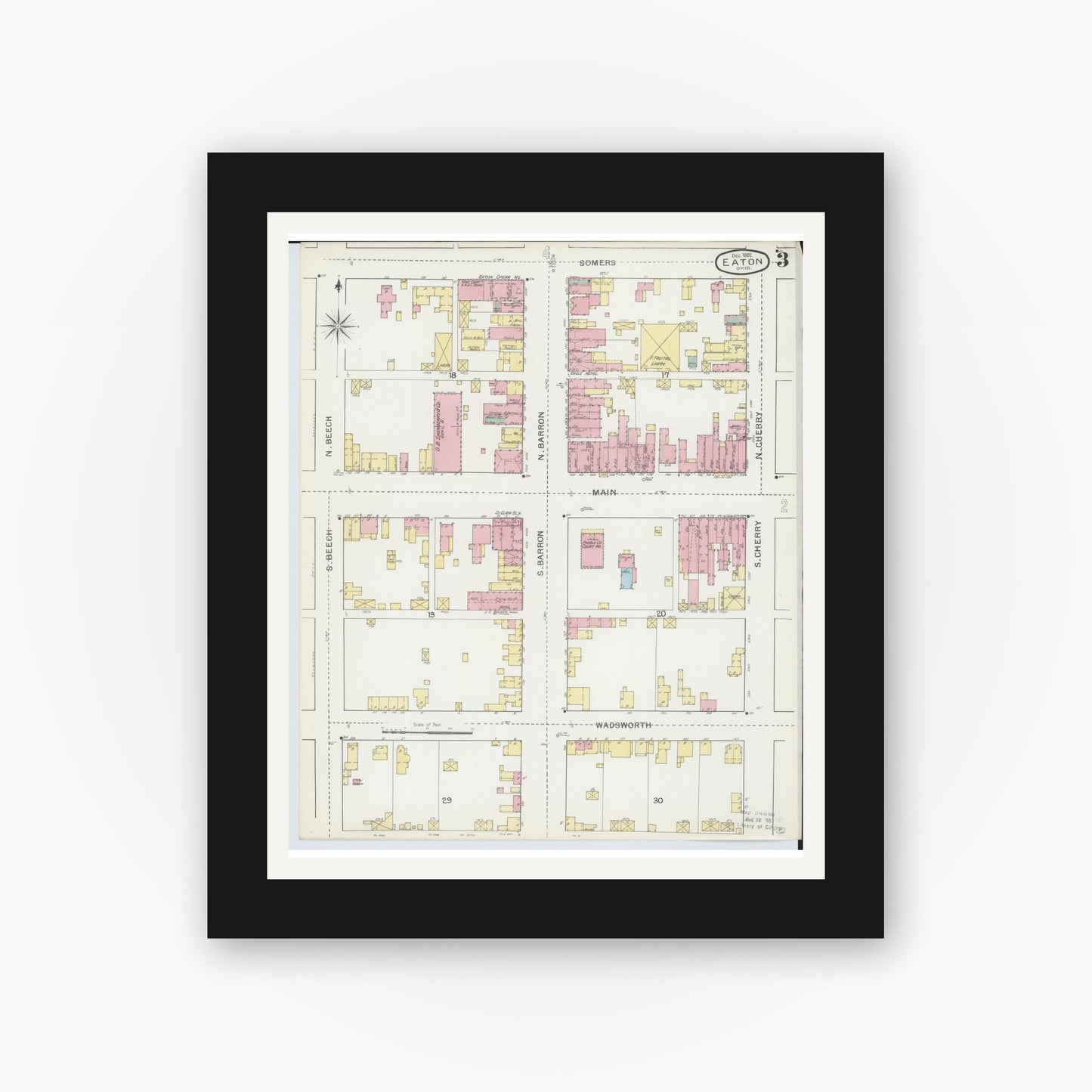 Old map wall art mockup — black gallery frame with white mat — Sanborn Fire Insurance Map from Eaton, Preble County, Ohio (1892), Sheet #0003