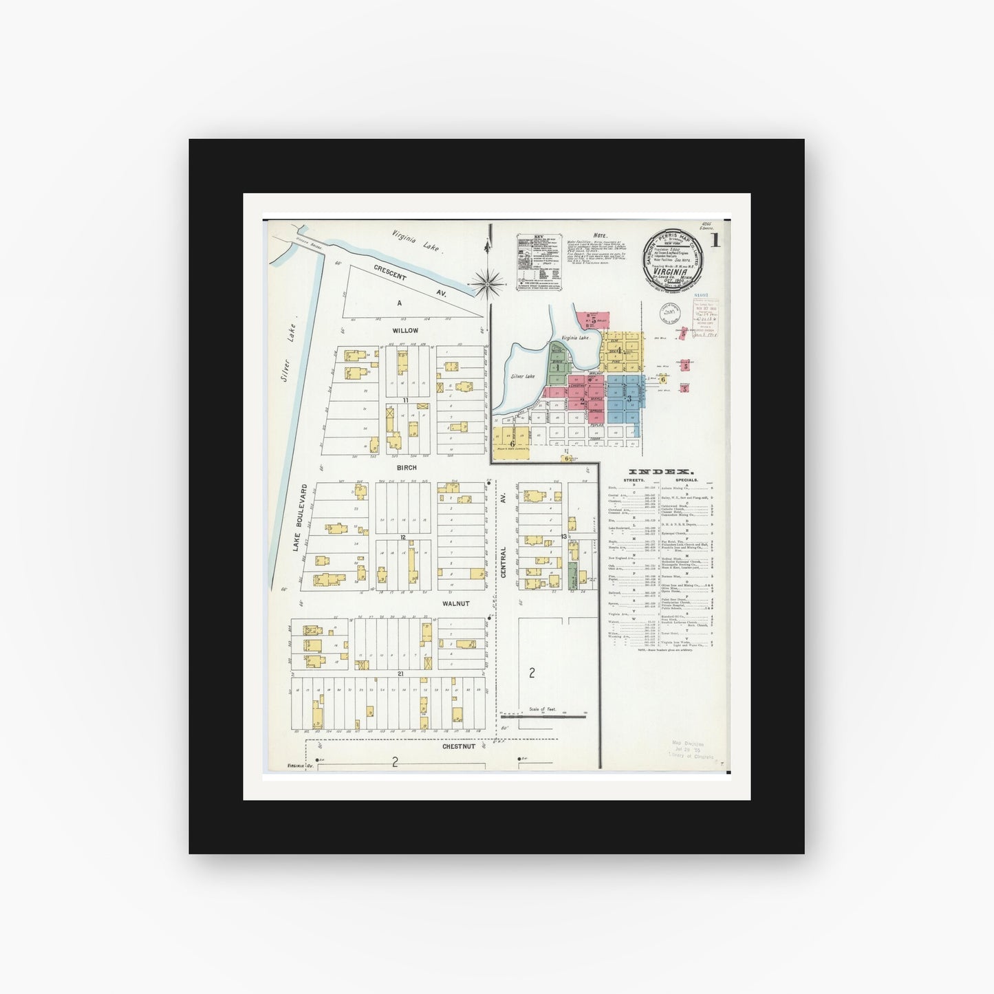 Old map wall art mockup — black gallery frame with white mat — Sanborn Fire Insurance Map from Virginia, Saint Louis County, Minnesota (1900) - Complete Map Set