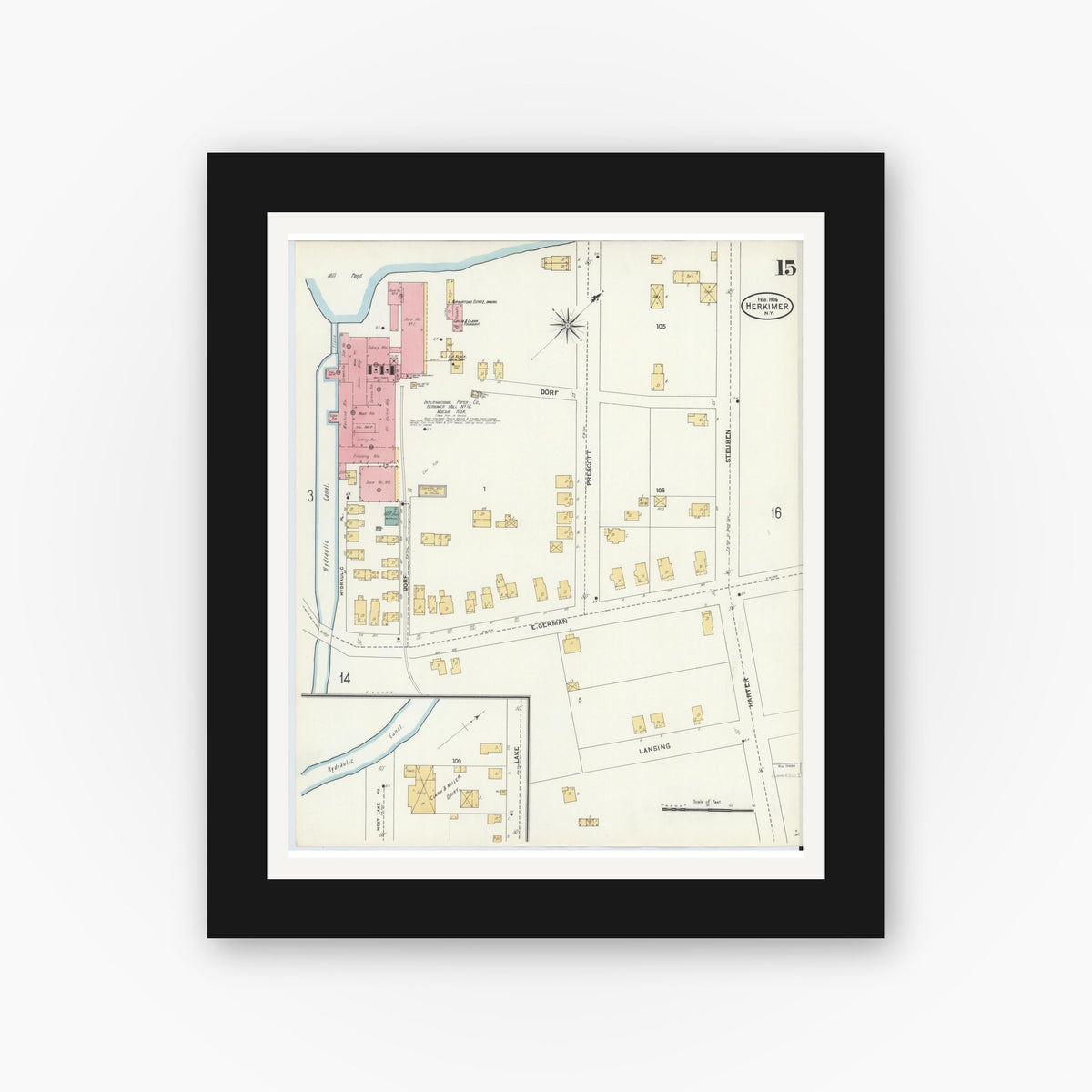 Old map wall art mockup — black gallery frame with white mat — Sanborn Fire Insurance Map from Herkimer, Herkimer County, New York (1906), Sheet #0015