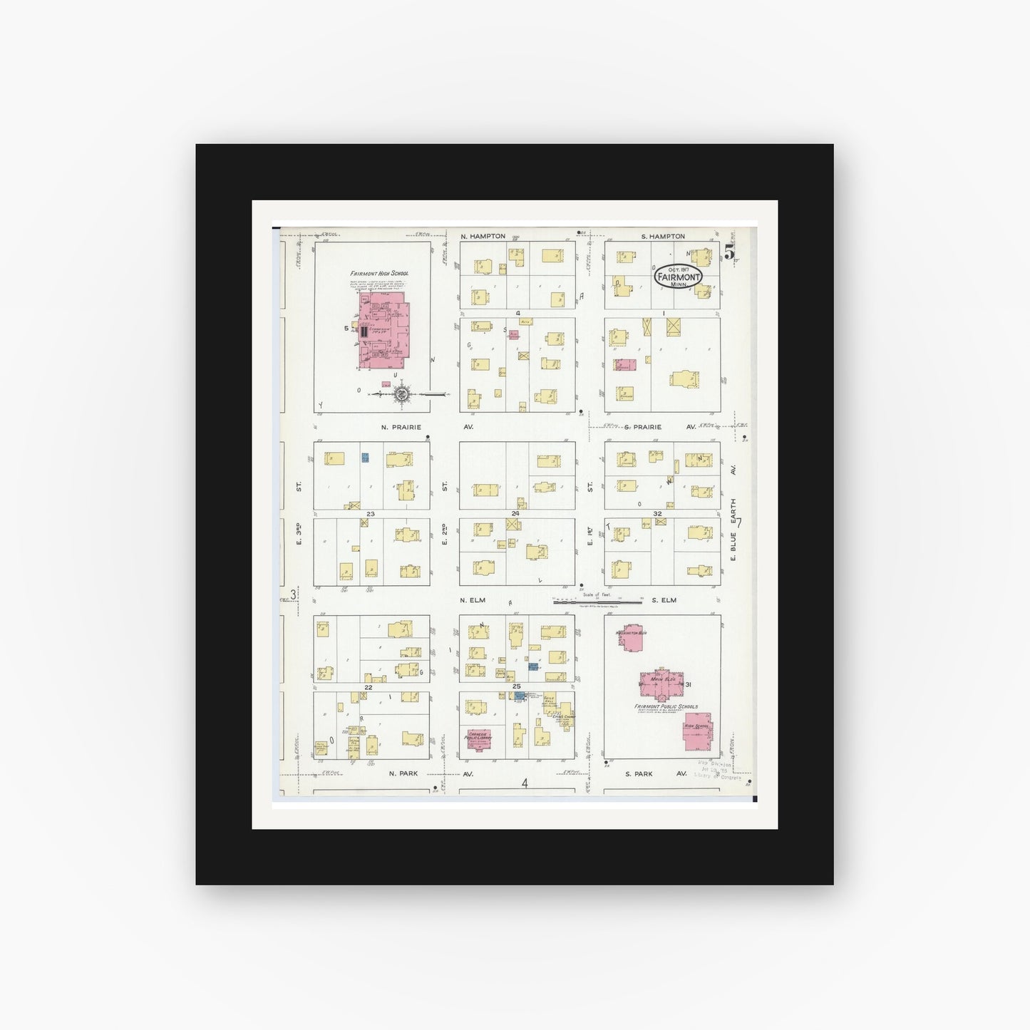 Old map wall art mockup — black gallery frame with white mat — Sanborn Fire Insurance Map from Fairmont, Martin County, Minnesota (1917), Sheet #0005