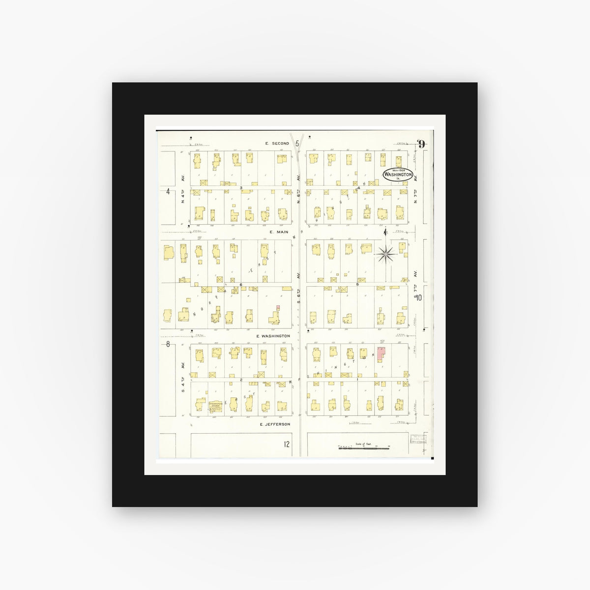 Old map wall art mockup — black gallery frame with white mat — Sanborn Fire Insurance Map from Washington, Washington County, Iowa (1909), Sheet #0009