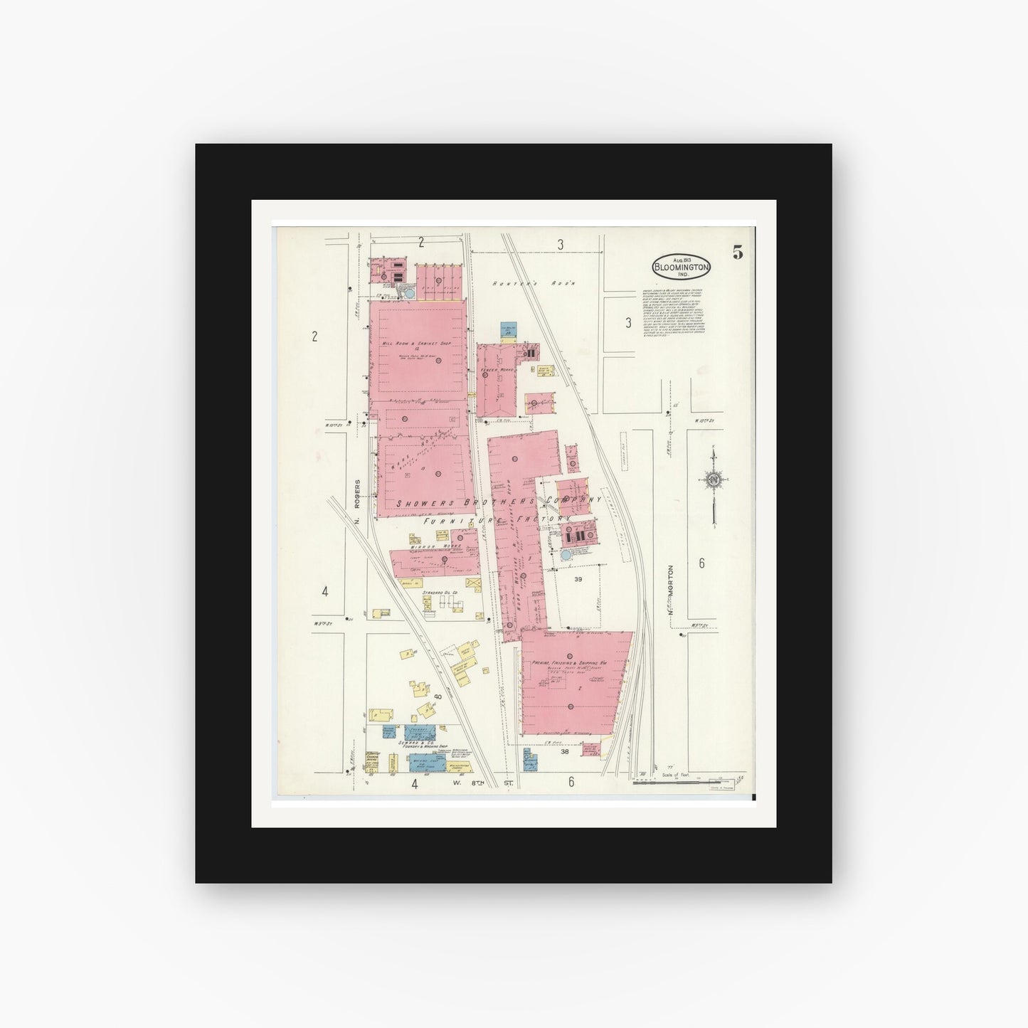 Old map wall art mockup — black gallery frame with white mat — Sanborn Fire Insurance Map from Bloomington, Monroe County, Indiana (1913), Sheet #0005