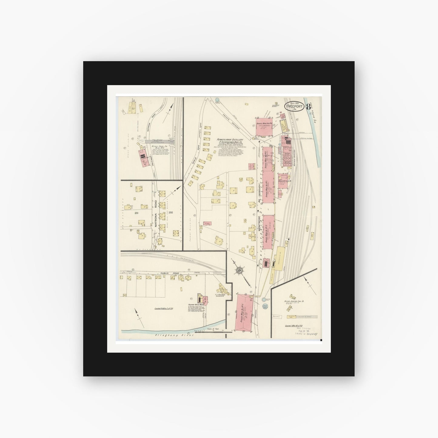 Old map wall art mockup — black gallery frame with white mat — Sanborn Fire Insurance Map from Freeport, Armstrong County, Pennsylvania (1913), Sheet #0008