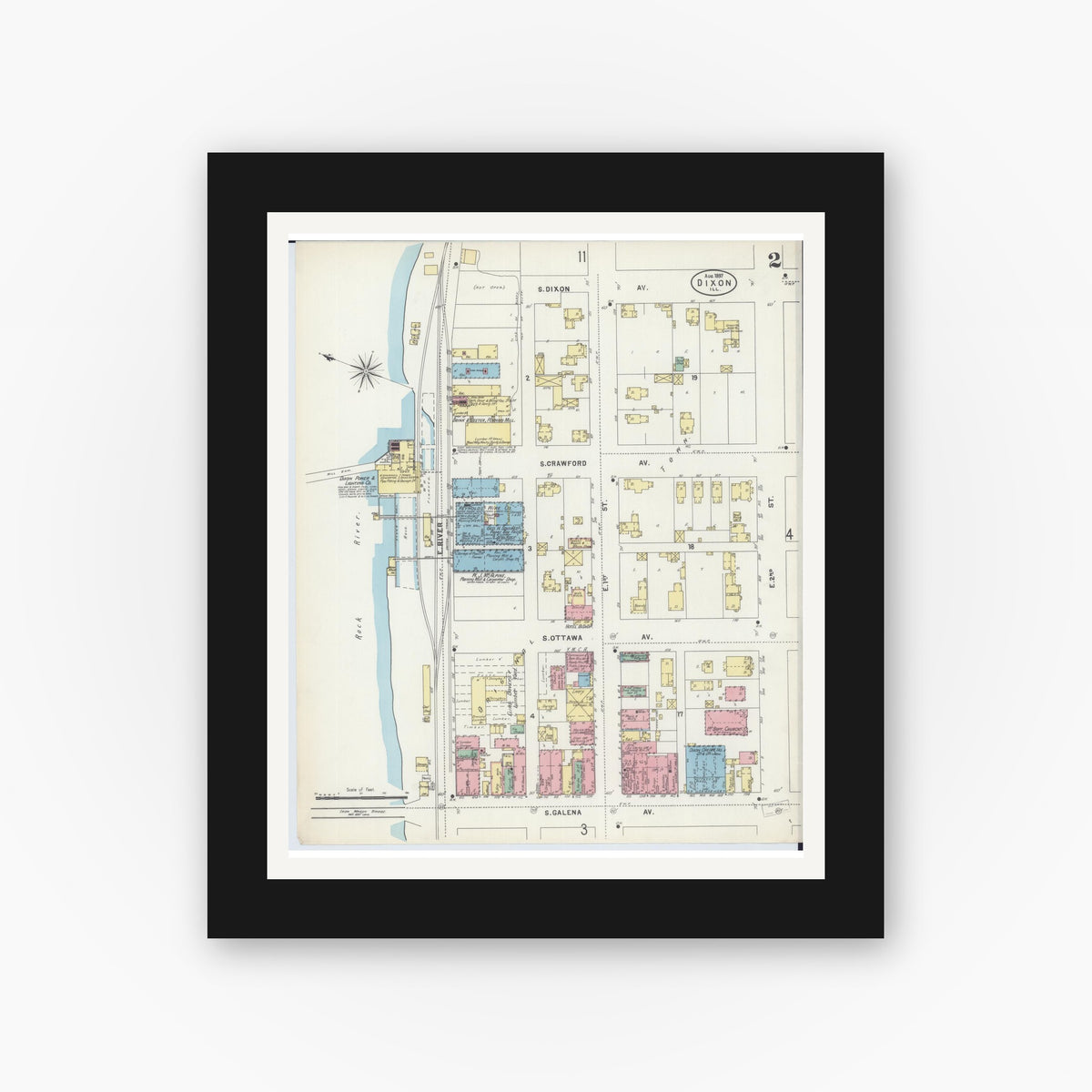 Old map wall art mockup — black gallery frame with white mat — Sanborn Fire Insurance Map from Dixon, Lee County, Illinois (1897), Sheet #0002