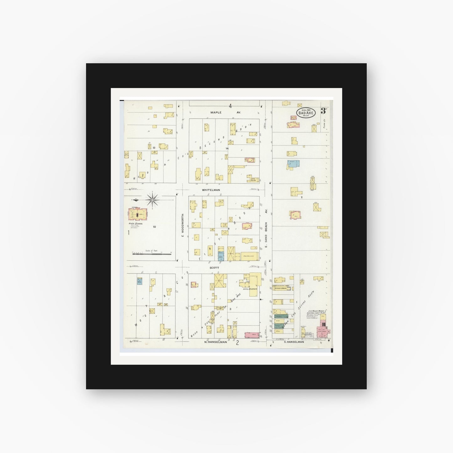 Old map wall art mockup — black gallery frame with white mat — Sanborn Fire Insurance Map from Bad Axe, Huron County, Michigan (1909), Sheet #0003
