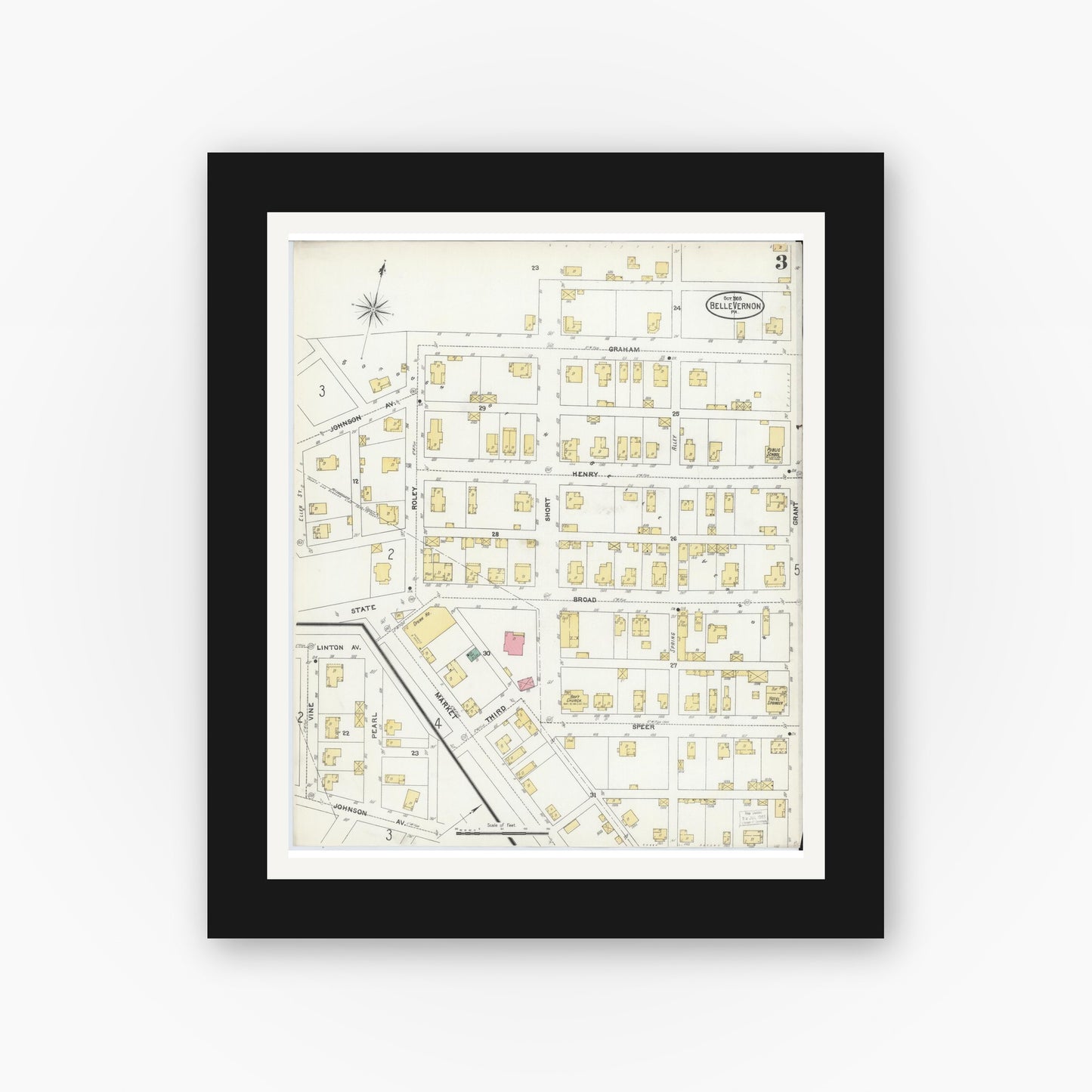 Old map wall art mockup — black gallery frame with white mat — Sanborn Fire Insurance Map from Belle Vernon, Fayette County, Pennsylvania (1905), Sheet #0003