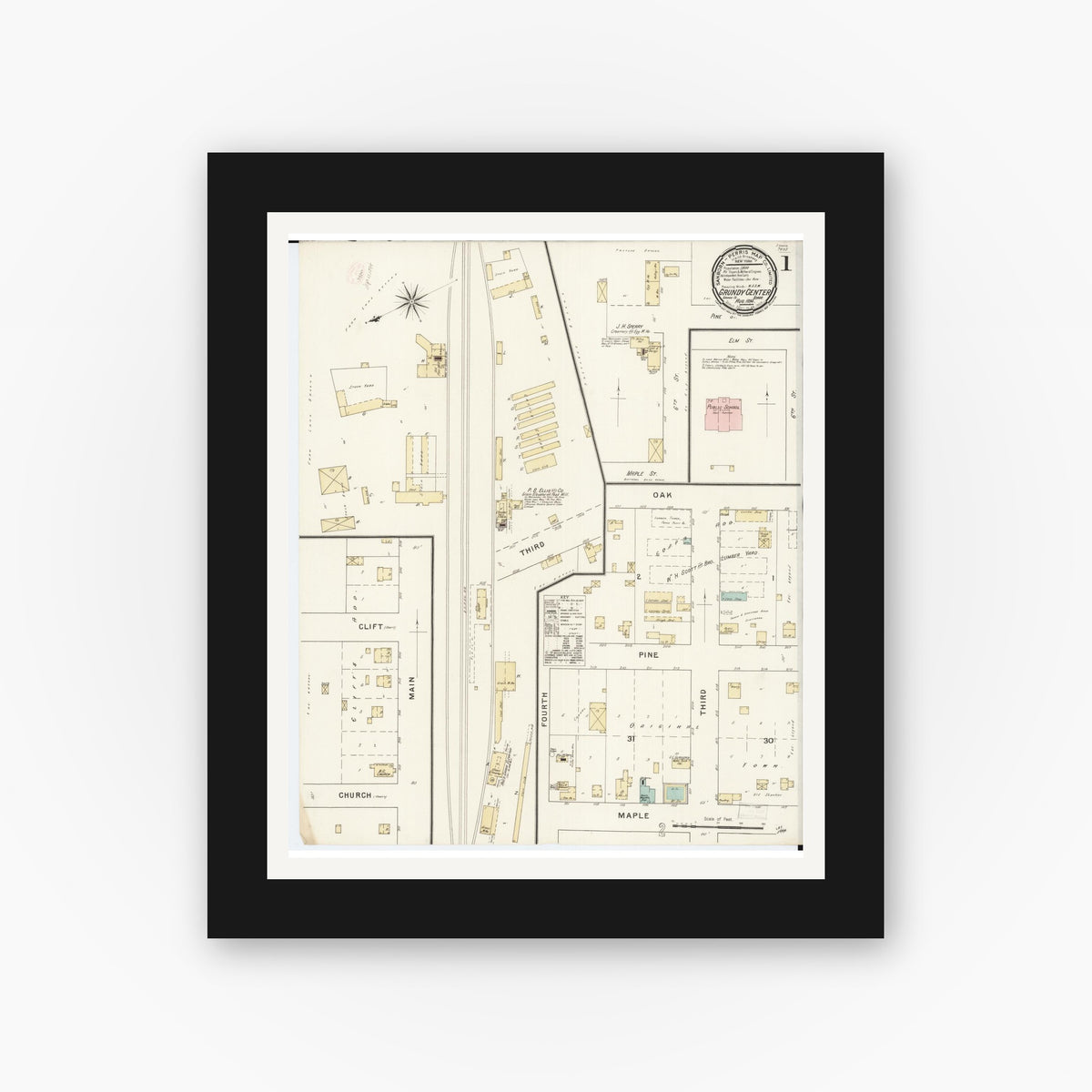 Old map wall art mockup — black gallery frame with white mat — Sanborn Fire Insurance Map from Grundy Center, Grundy County, Iowa (1894) — Complete Set