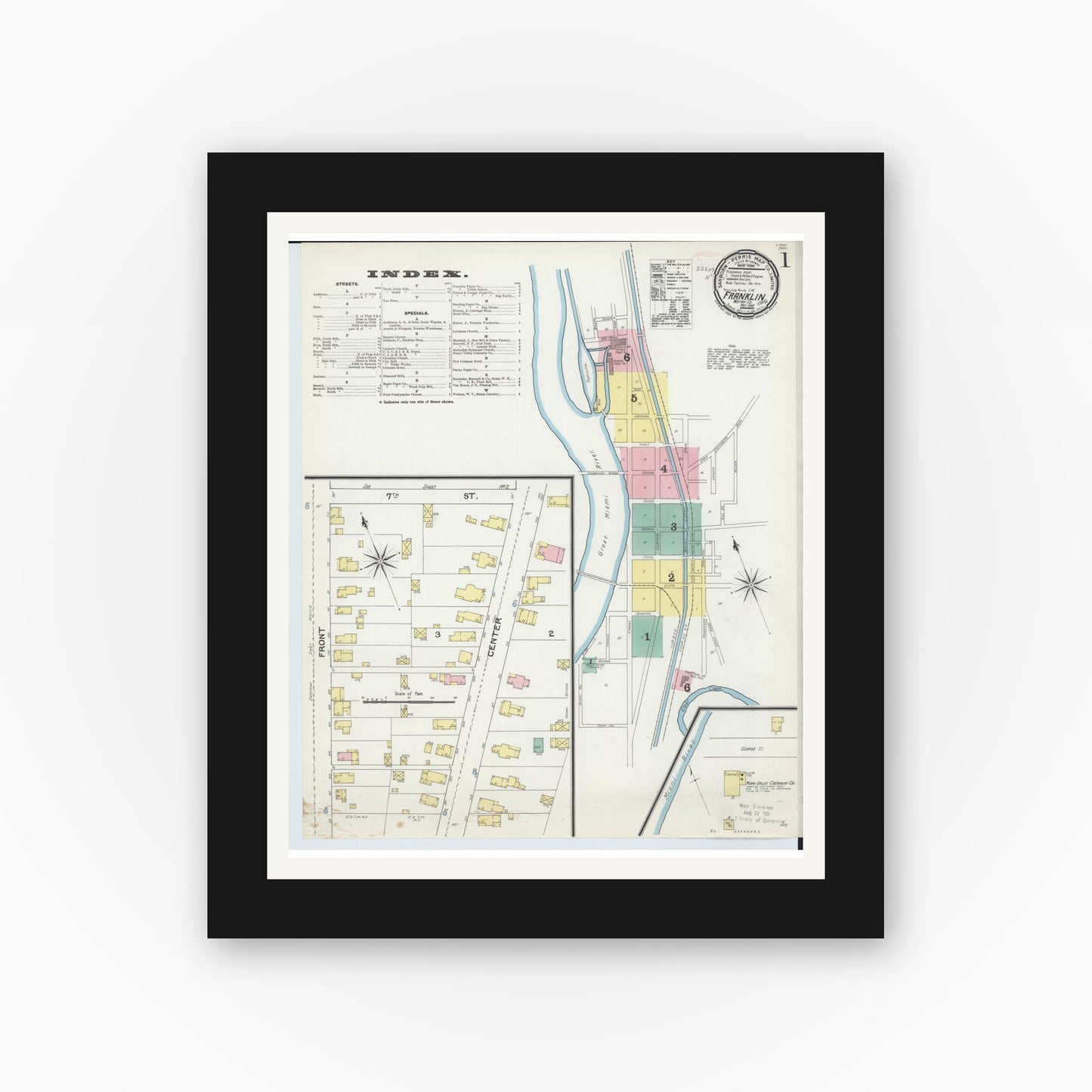 Old map wall art mockup — black gallery frame with white mat — Sanborn Fire Insurance Map from Franklin, Warren County, Ohio (1892), Sheet #0001