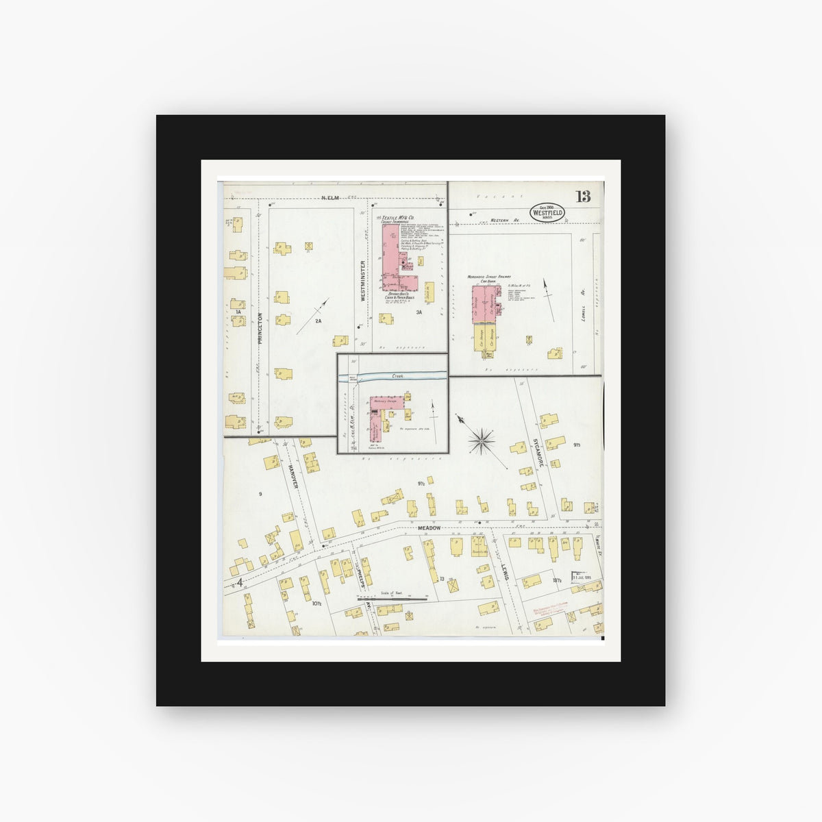 Old map wall art mockup — black gallery frame with white mat — Sanborn Fire Insurance Map from Westfield, Hampden County, Massachusetts (1900), Sheet #0013
