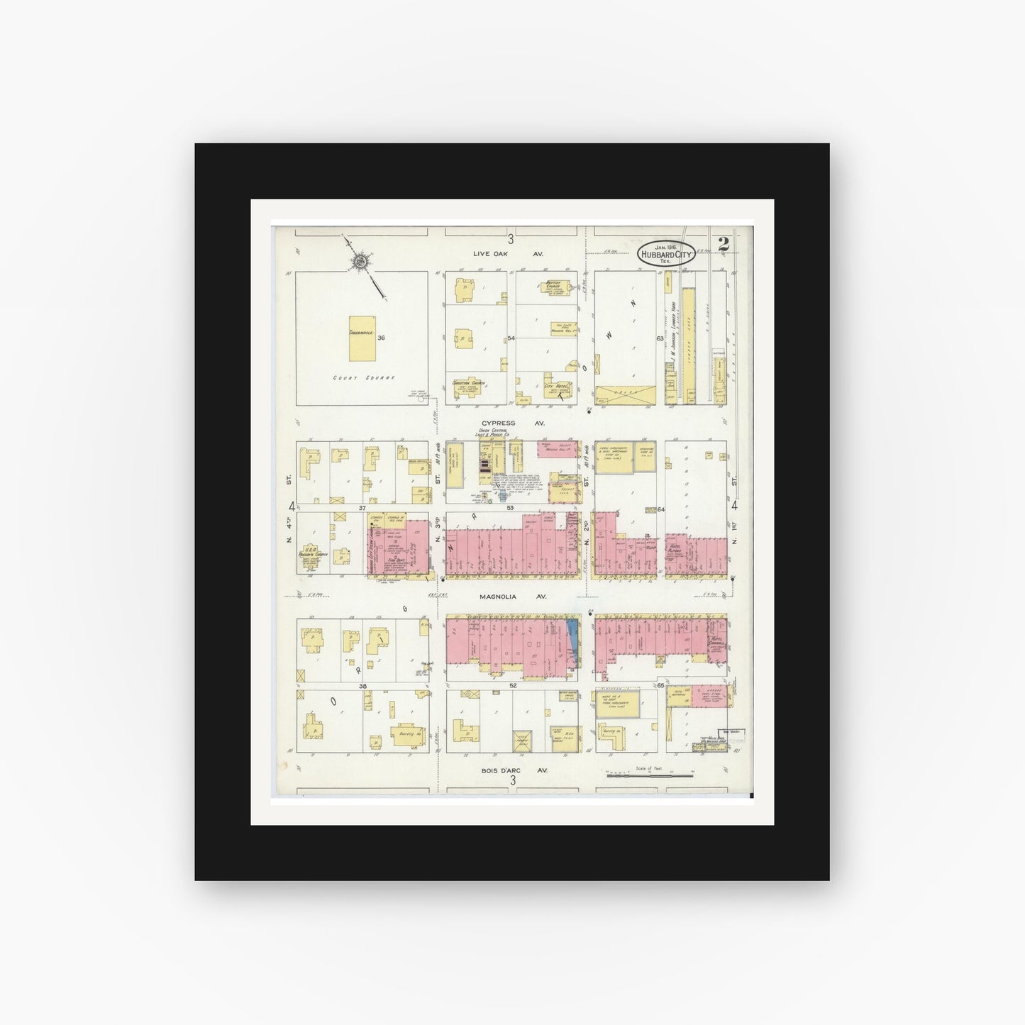 Old map wall art mockup — black gallery frame with white mat — Sanborn Fire Insurance Map from Hubbard, Hill County, Texas (1916), Sheet #0002