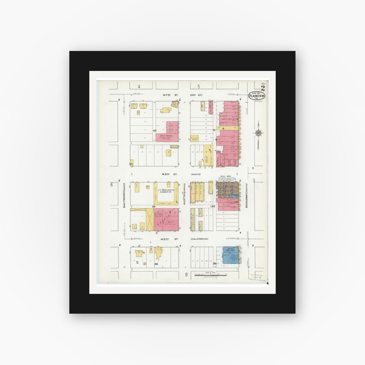 Old map wall art mockup — black gallery frame with white mat — Sanborn Fire Insurance Map from Plainview, Hale County, Texas (1921), Sheet #0002