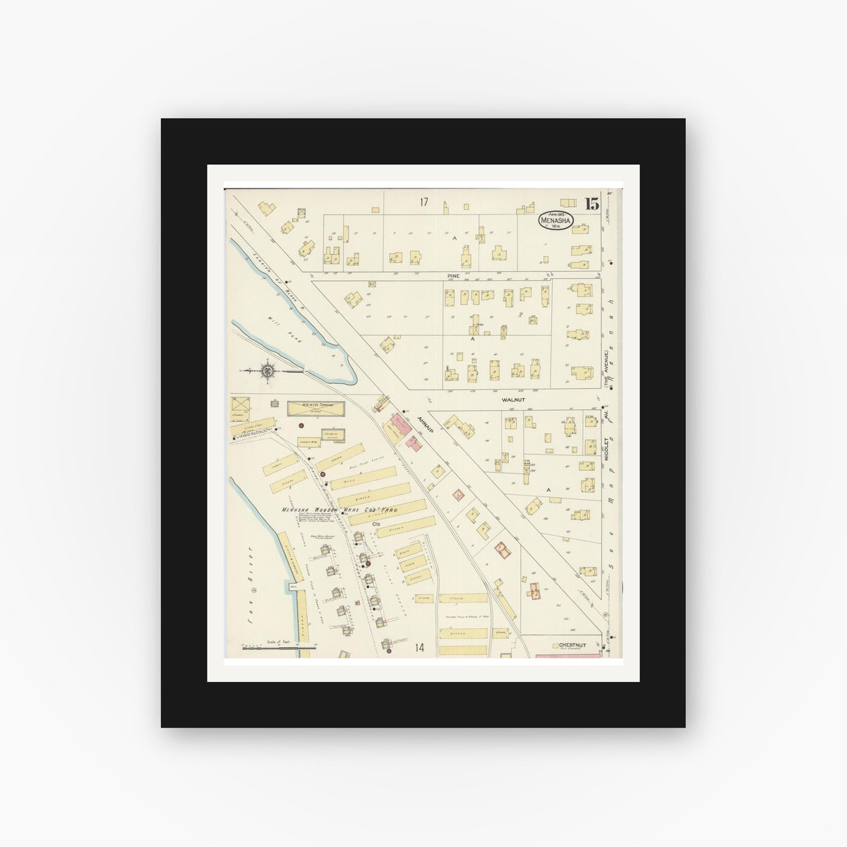 Old map wall art mockup — black gallery frame with white mat — Sanborn Fire Insurance Map from Menasha, Winnebago County, Wisconsin (1913), Sheet #0015