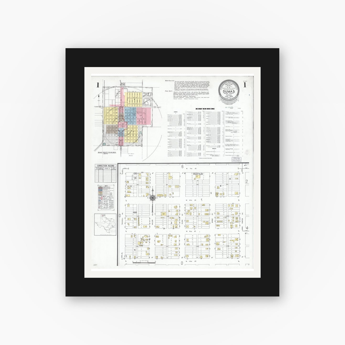 Old map wall art mockup — black gallery frame with white mat — Sanborn Fire Insurance Map from Dumas, Moore County, Texas (1950) - Complete Map Set