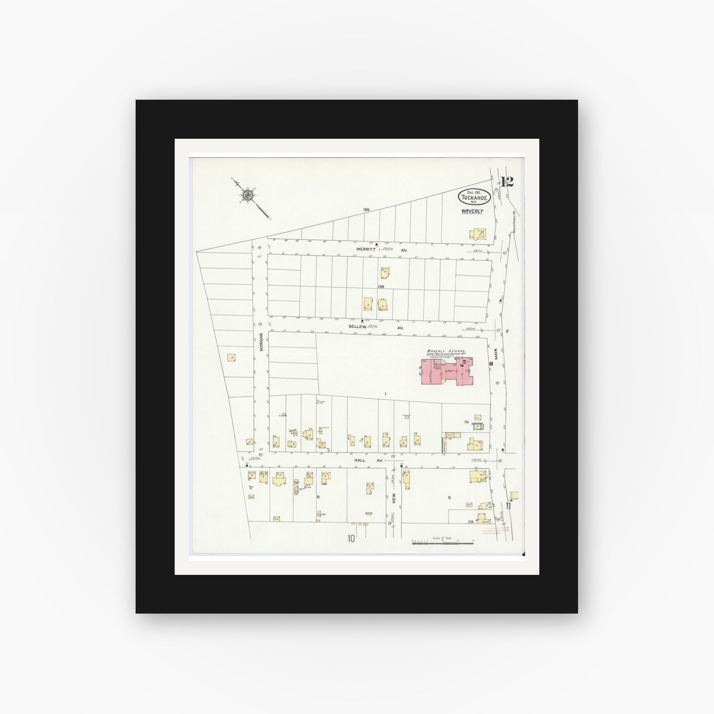 Old map wall art mockup — black gallery frame with white mat — Sanborn Fire Insurance Map from Tuckahoe, Westchester County, New York (1911), Sheet #0012