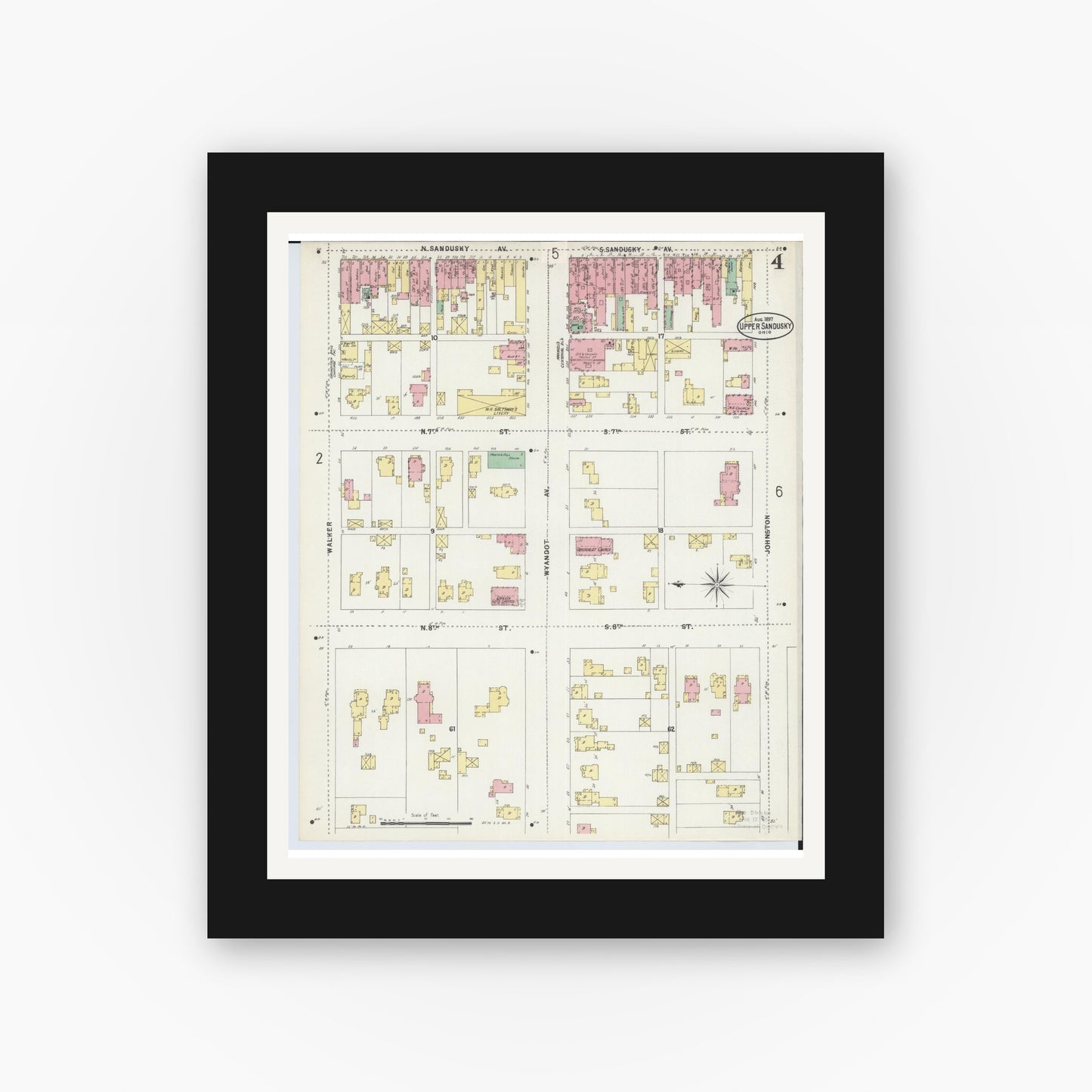 Old map wall art mockup — black gallery frame with white mat — Sanborn Fire Insurance Map from Upper Sandusky, Wyandot County, Ohio (1897), Sheet #0004