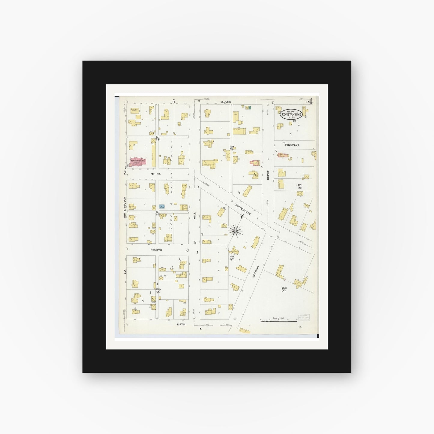 Old map wall art mockup — black gallery frame with white mat — Sanborn Fire Insurance Map from Constantine, Saint Joseph County, Michigan (1909), Sheet #0004