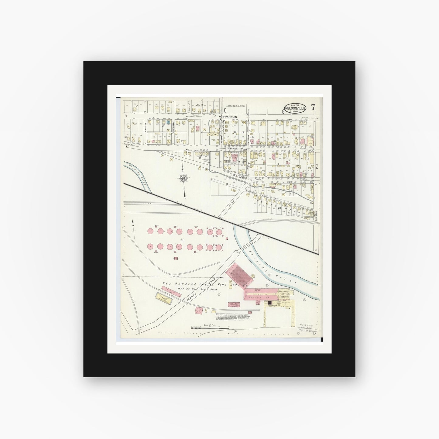 Old map wall art mockup — black gallery frame with white mat — Sanborn Fire Insurance Map from Nelsonville, Athens County, Ohio (1914), Sheet #0007