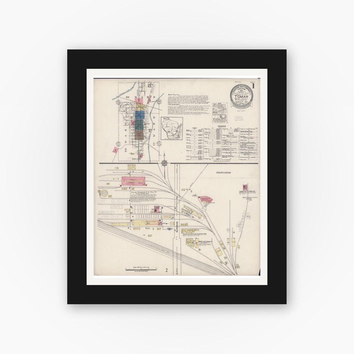 Old map wall art mockup — black gallery frame with white mat — Sanborn Fire Insurance Map from Tomah, Monroe County, Wisconsin (1922) - Complete Map Set