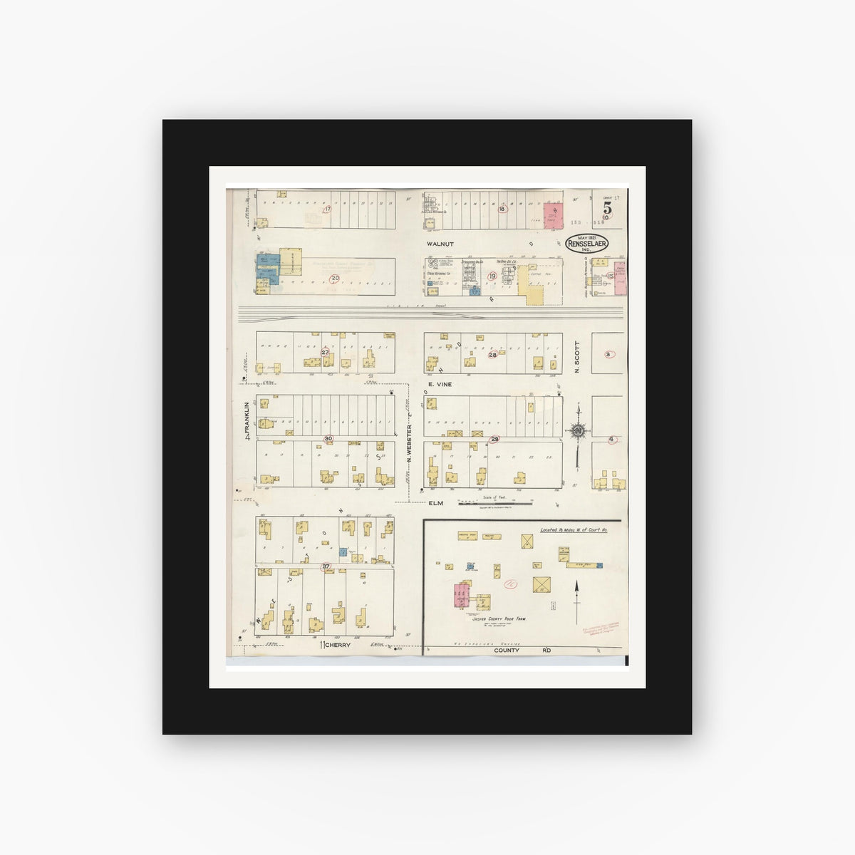 Old map wall art mockup — black gallery frame with white mat — Sanborn Fire Insurance Map from Rensselaer, Jasper County, Indiana (1942), Sheet #0005