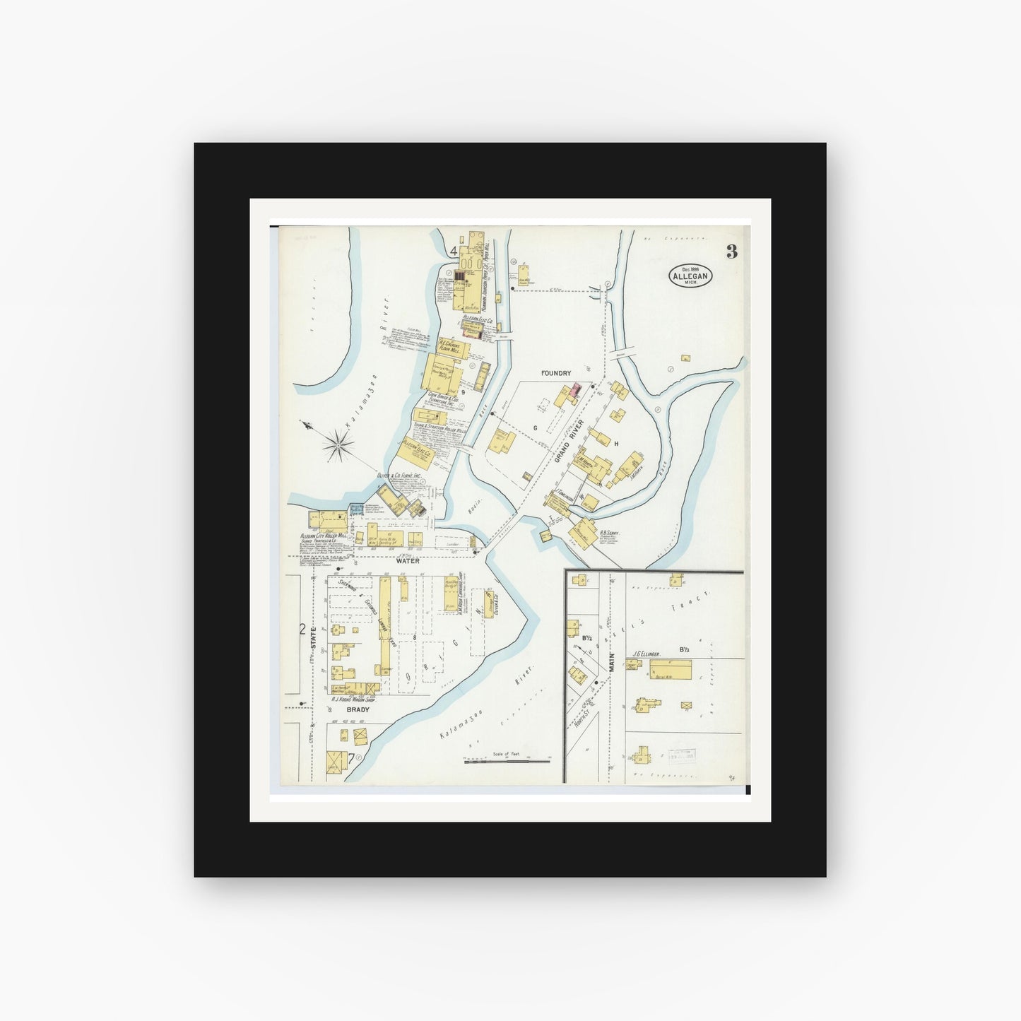 Old map wall art mockup — black gallery frame with white mat — Sanborn Fire Insurance Map from Allegan, Allegan County, Michigan (1899), Sheet #0003
