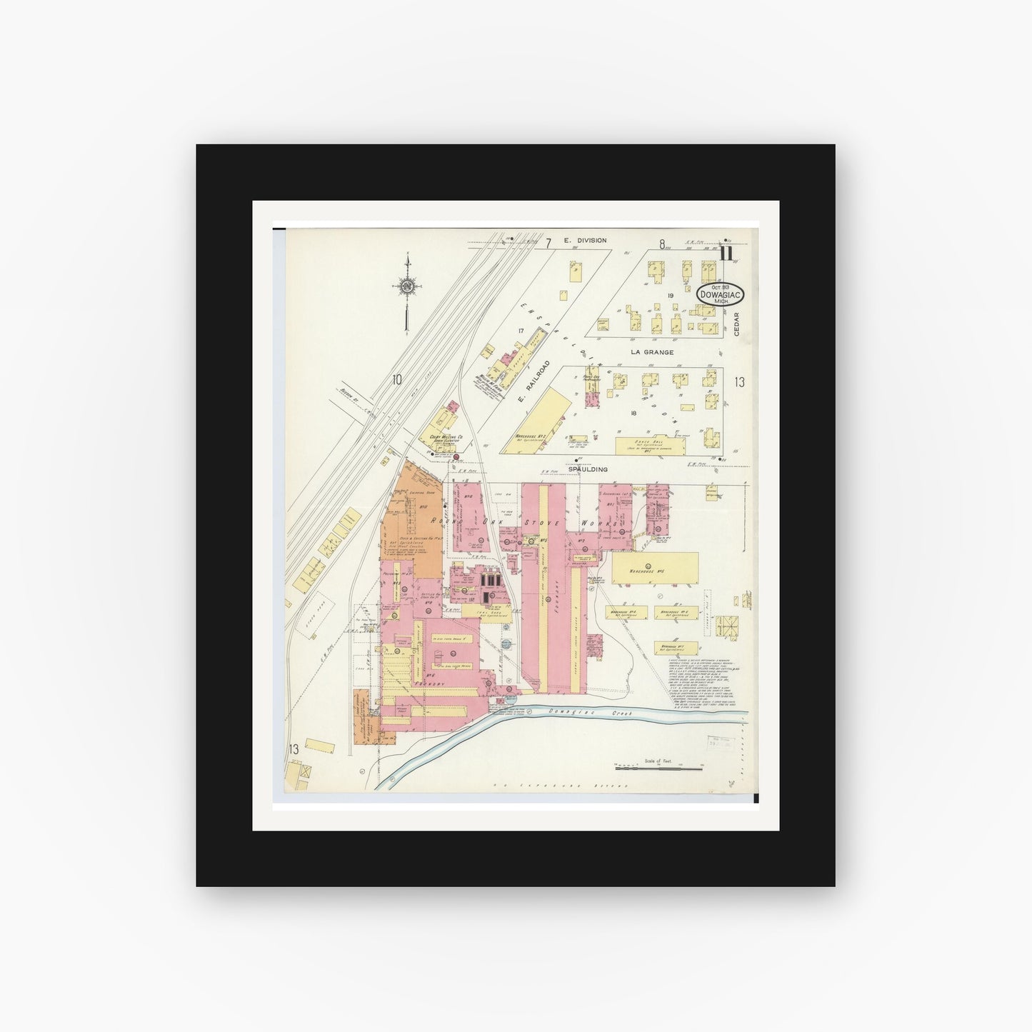Old map wall art mockup — black gallery frame with white mat — Sanborn Fire Insurance Map from Dowagiac, Cass County, Michigan (1913), Sheet #0011