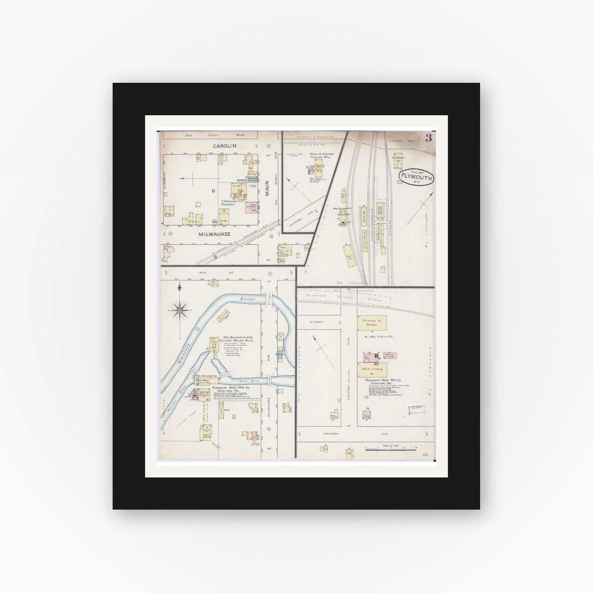 Old map wall art mockup — black gallery frame with white mat — Sanborn Fire Insurance Map from Plymouth, Sheboygan County, Wisconsin (1887), Sheet #0003