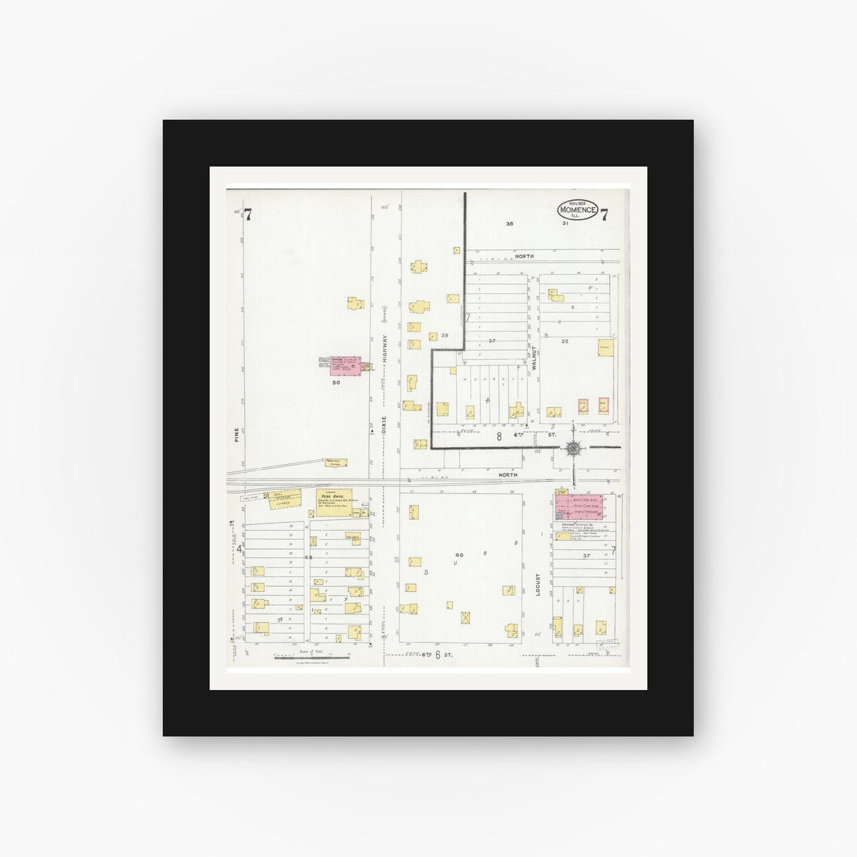 Old map wall art mockup β black gallery frame with white mat β Sanborn Fire Insurance Map from Momence, Kankakee County, Illinois (1924), Sheet #0007