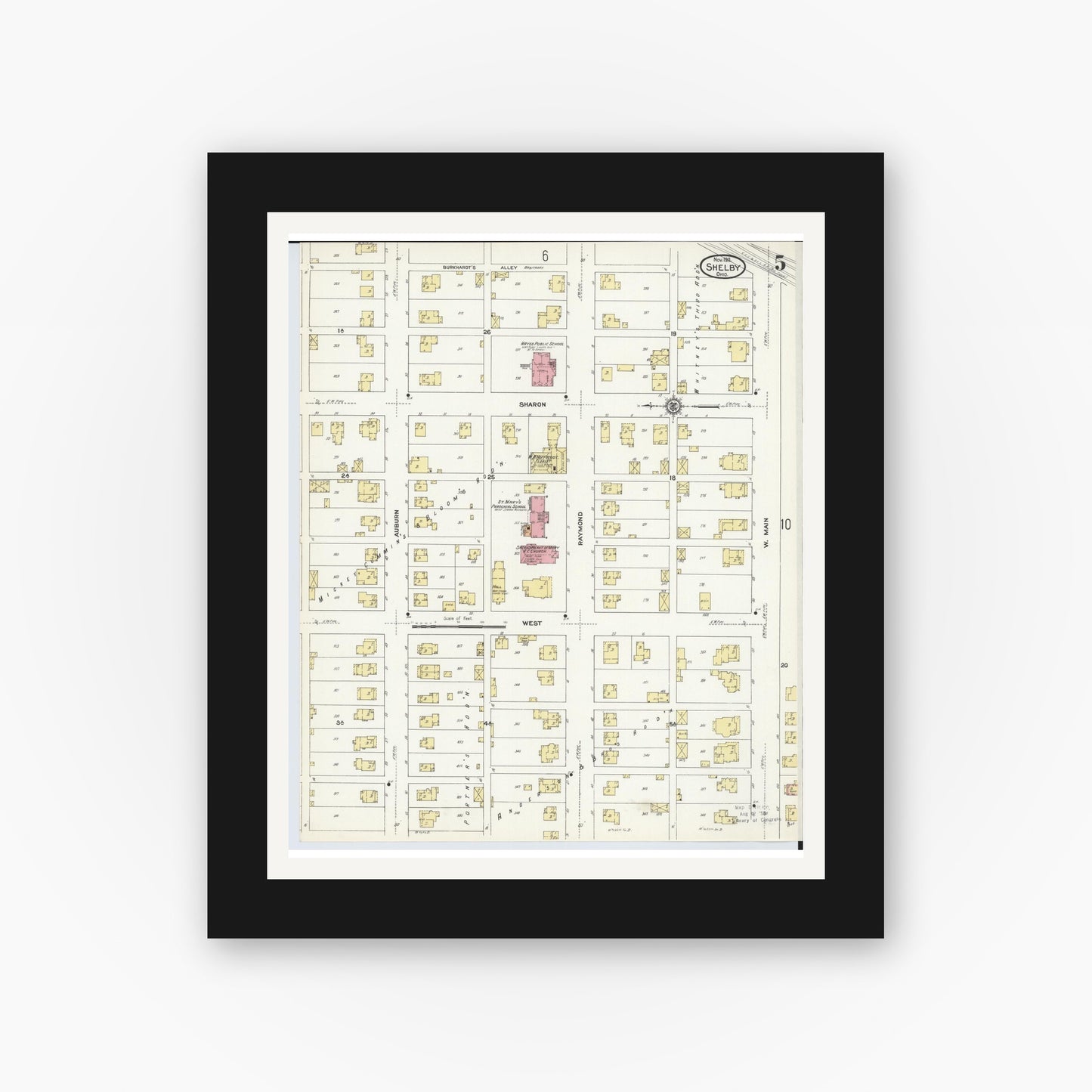 Old map wall art mockup — black gallery frame with white mat — Sanborn Fire Insurance Map from Shelby, Richland County, Ohio (1911), Sheet #0005
