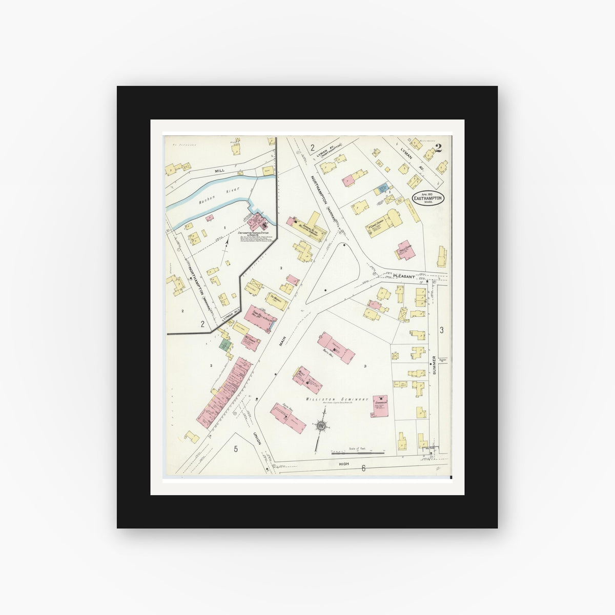 Old map wall art mockup β black gallery frame with white mat β Sanborn Fire Insurance Map from East Hampton, Hampshire County, Massachusetts (1910), Sheet #0002