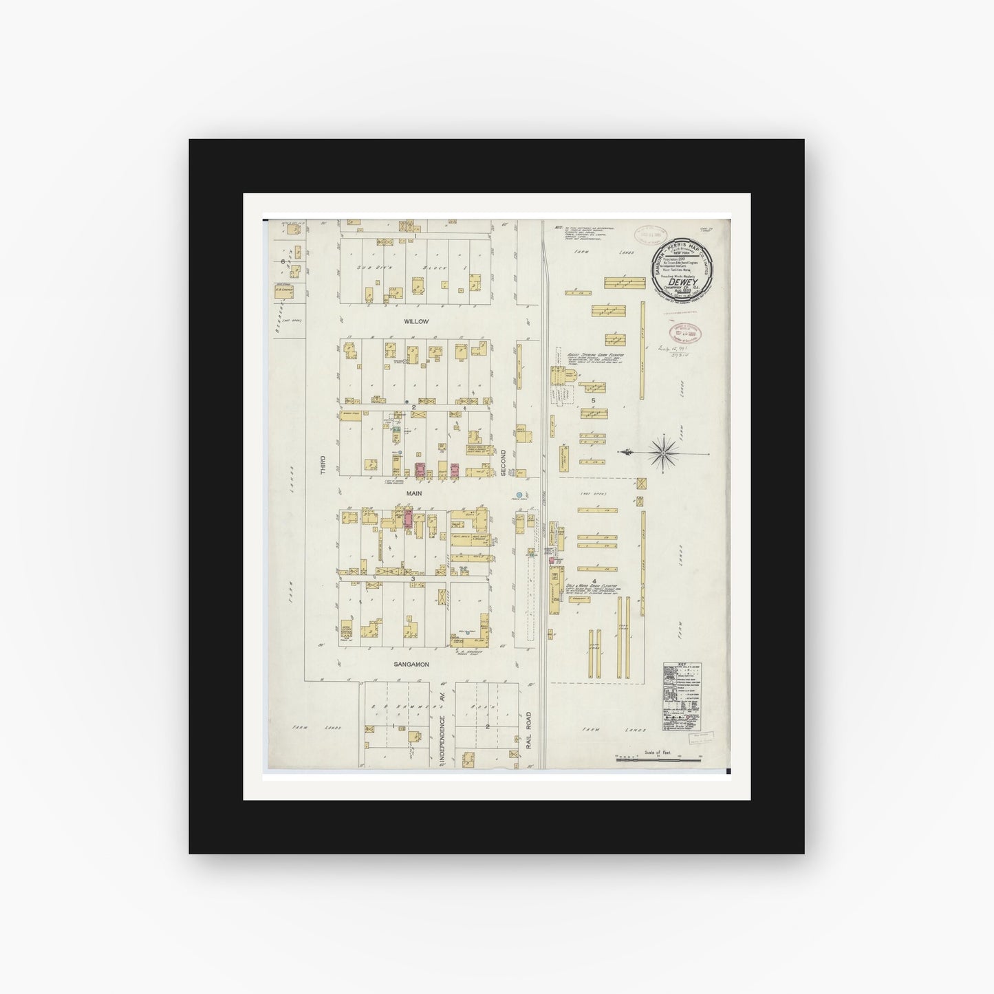 Old map wall art mockup — black gallery frame with white mat — Sanborn Fire Insurance Map from Dewey, Champaign County, Illinois (1899), Sheet #0001
