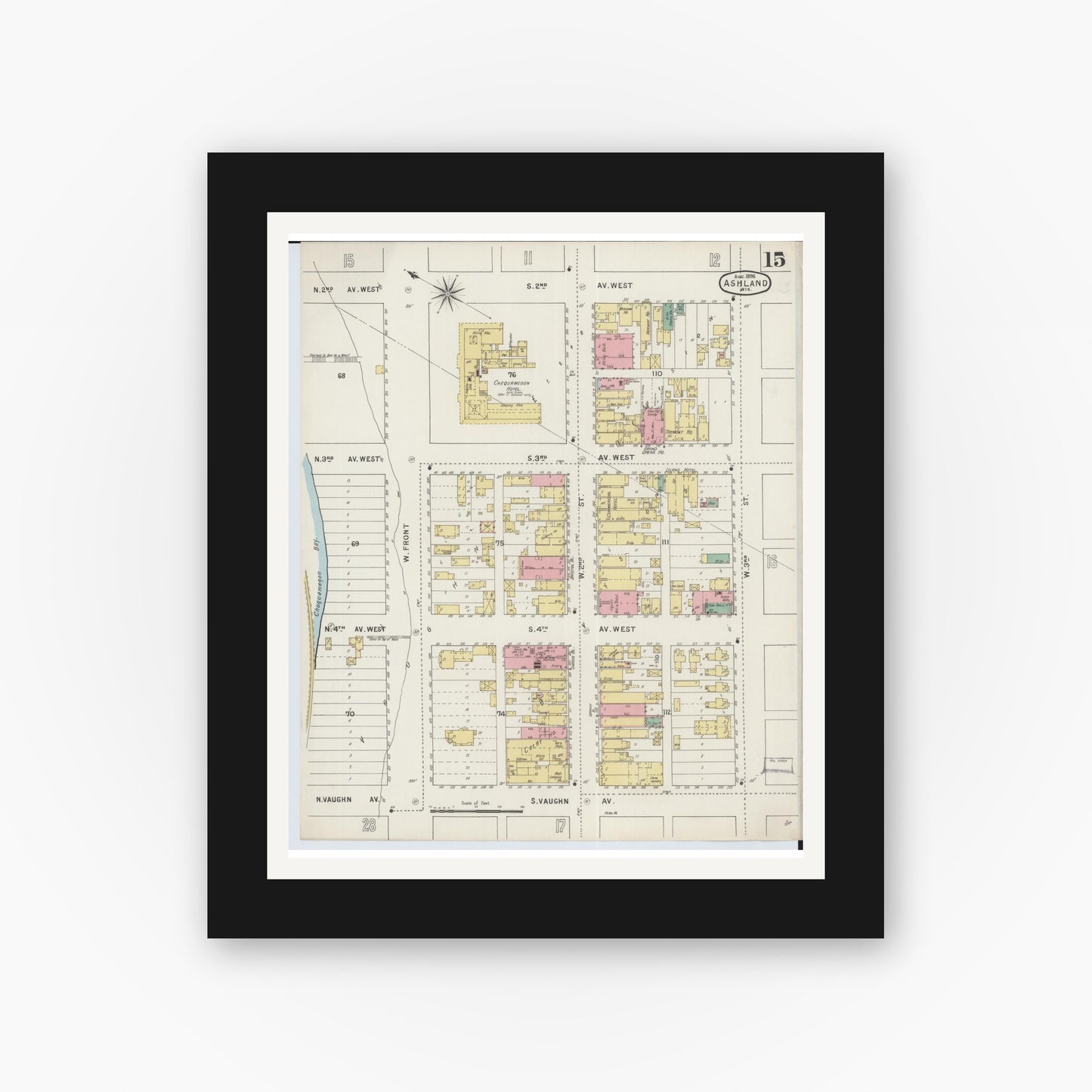 Old map wall art mockup — black gallery frame with white mat — Sanborn Fire Insurance Map from Ashland, Ashland County, Wisconsin (1895), Sheet #0015