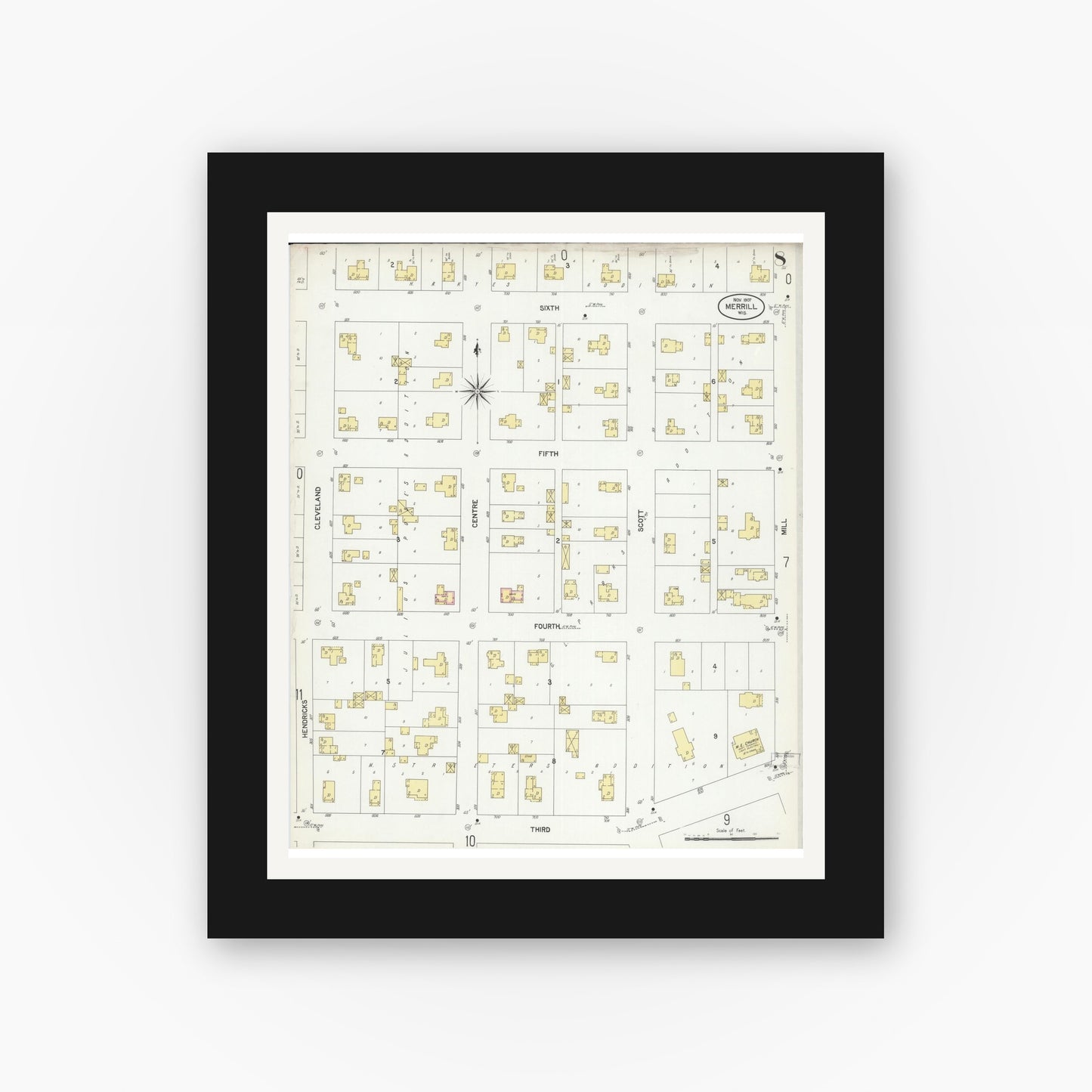 Old map wall art mockup — black gallery frame with white mat — Sanborn Fire Insurance Map from Merrill, Lincoln County, Wisconsin (1907), Sheet #0008