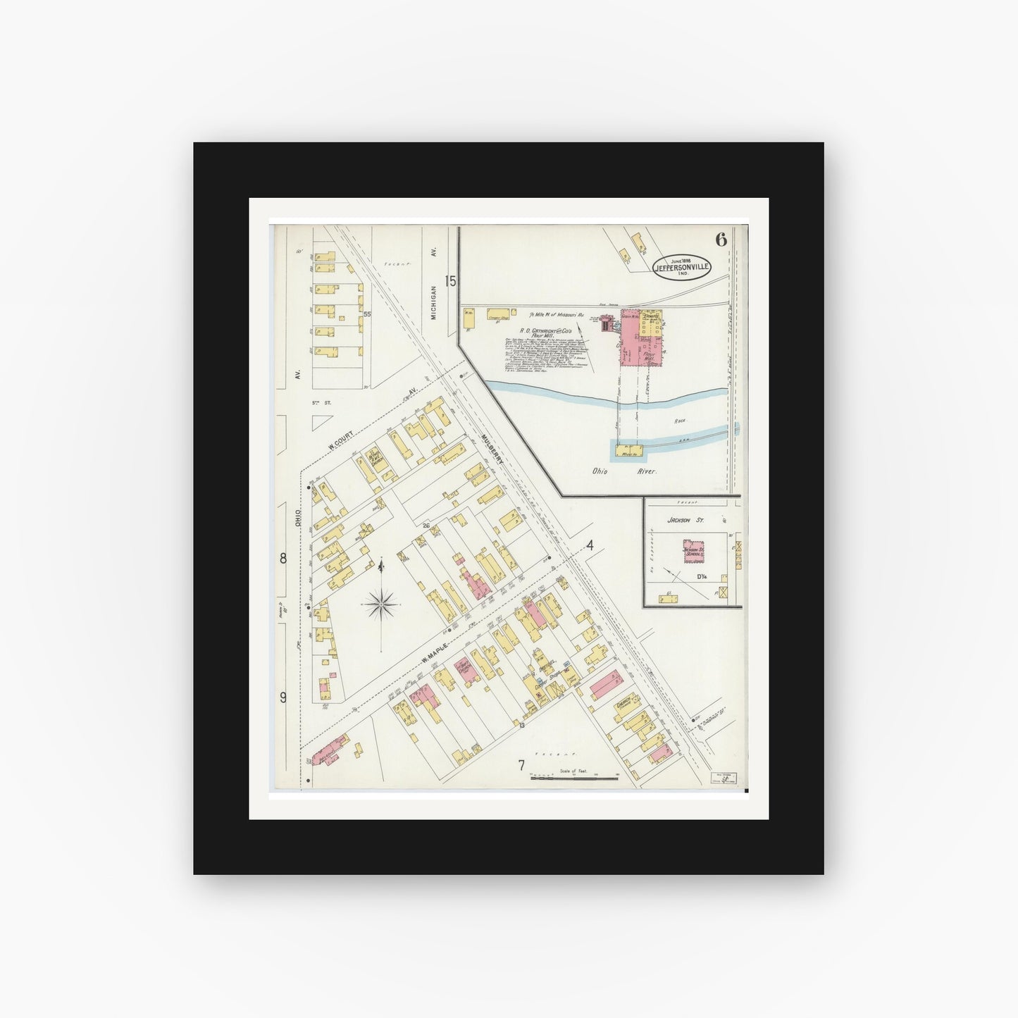 Old map wall art mockup — black gallery frame with white mat — Sanborn Fire Insurance Map from Jeffersonville, Clark County, Indiana (1898), Sheet #0006