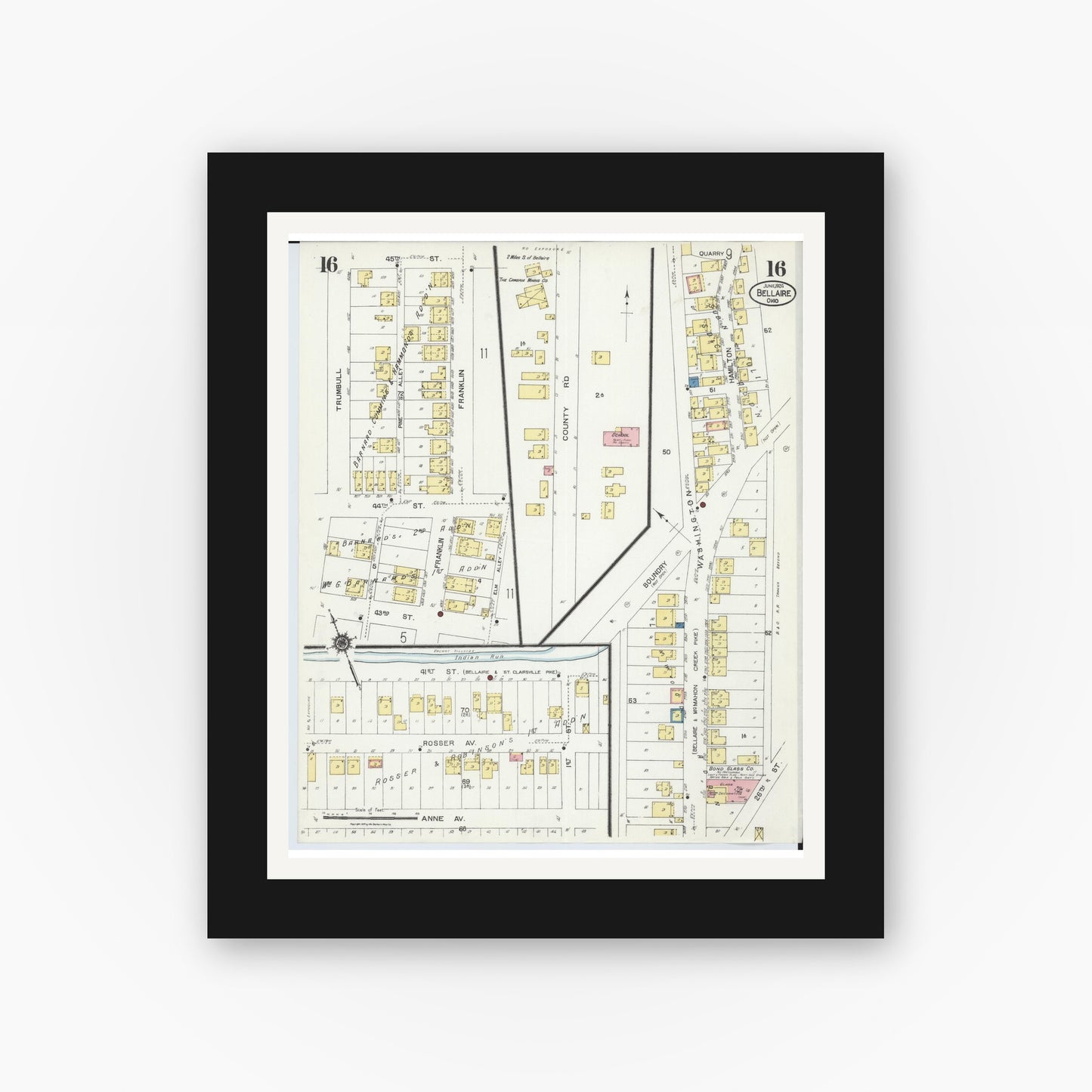 Old map wall art mockup — black gallery frame with white mat — Sanborn Fire Insurance Map from Bellaire, Belmont County, Ohio (1924), Sheet #0016