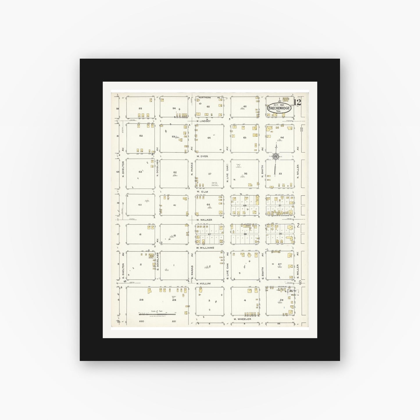 Old map wall art mockup — black gallery frame with white mat — Sanborn Fire Insurance Map from Breckenridge, Stephens County, Texas (1921), Sheet #0012