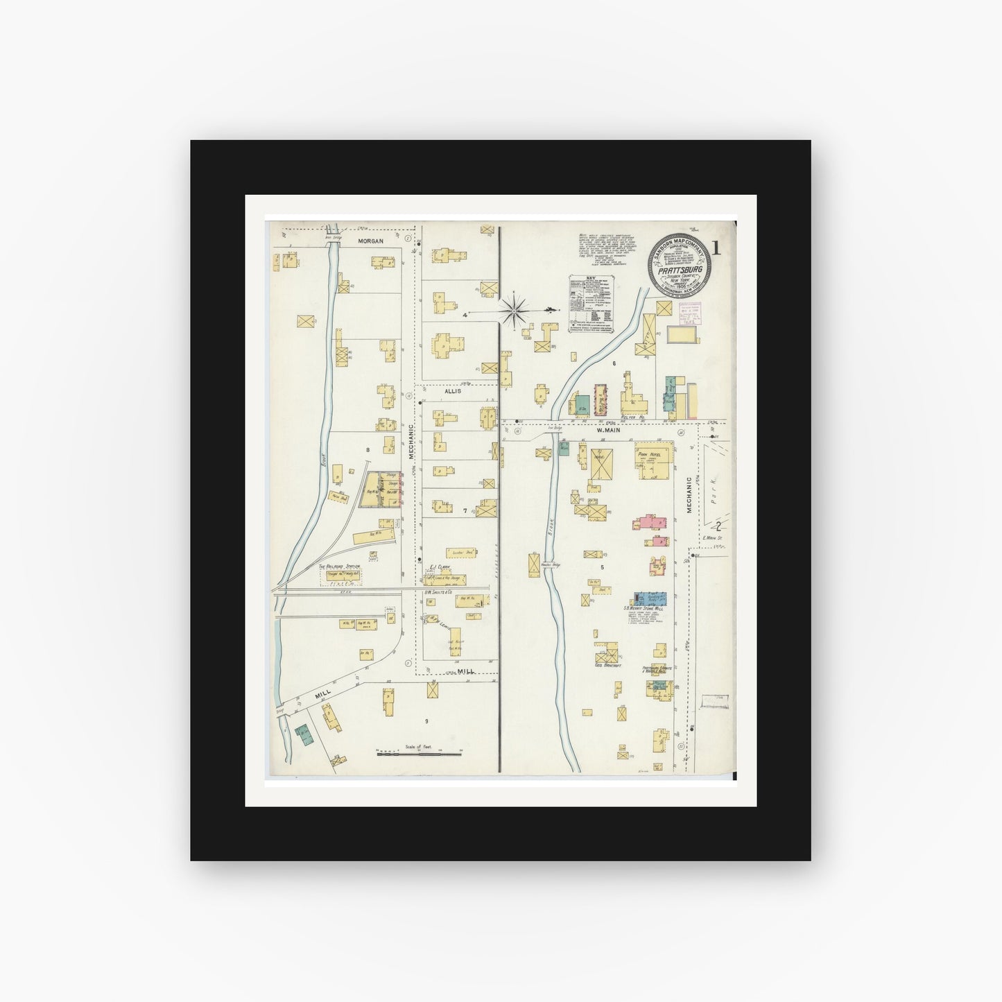 Old map wall art mockup — black gallery frame with white mat — Sanborn Fire Insurance Map from Prattsburgh, Steuben County, New York (1906) - Complete Map Set