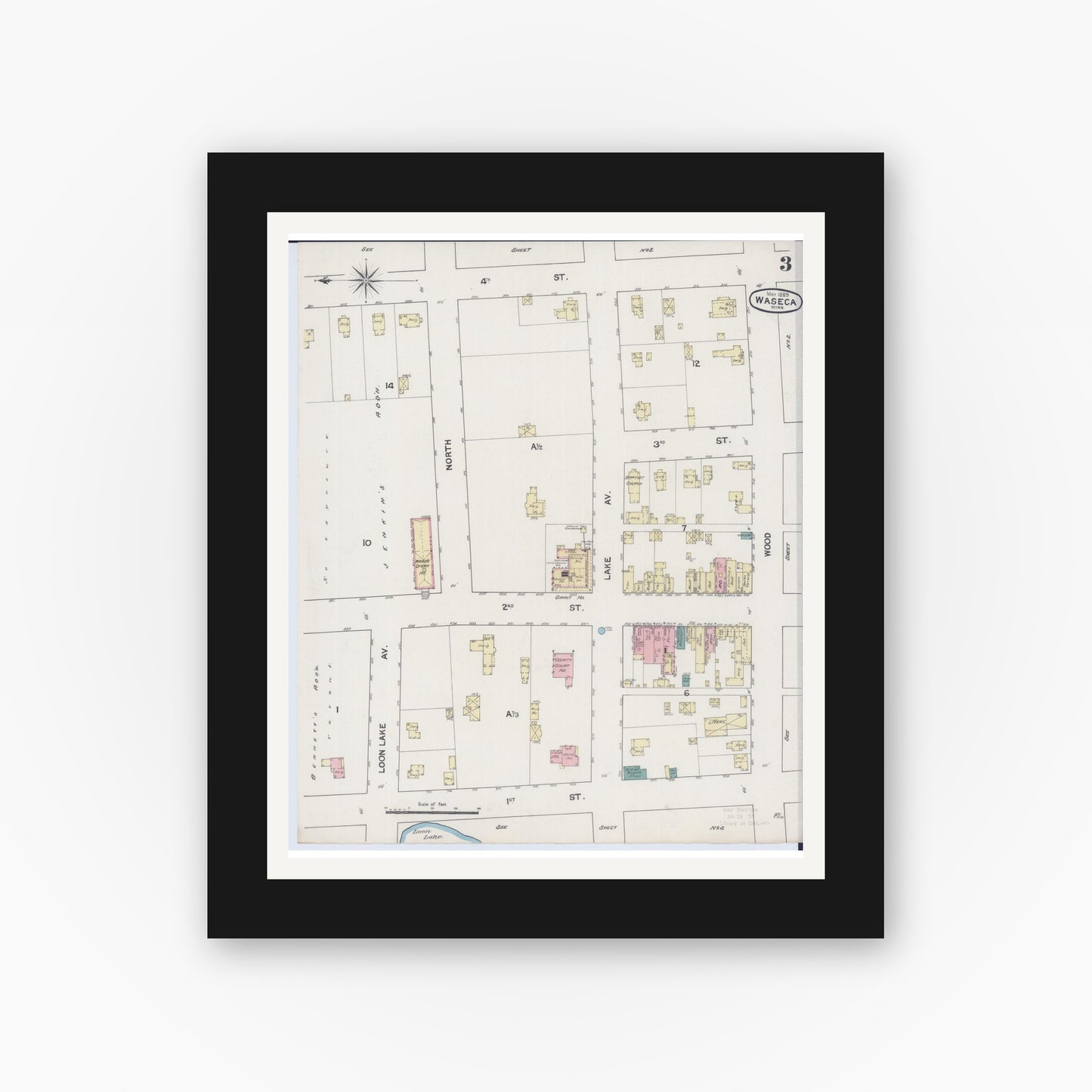 Old map wall art mockup — black gallery frame with white mat — Sanborn Fire Insurance Map from Waseca, Waseca County, Minnesota (1889), Sheet #0003