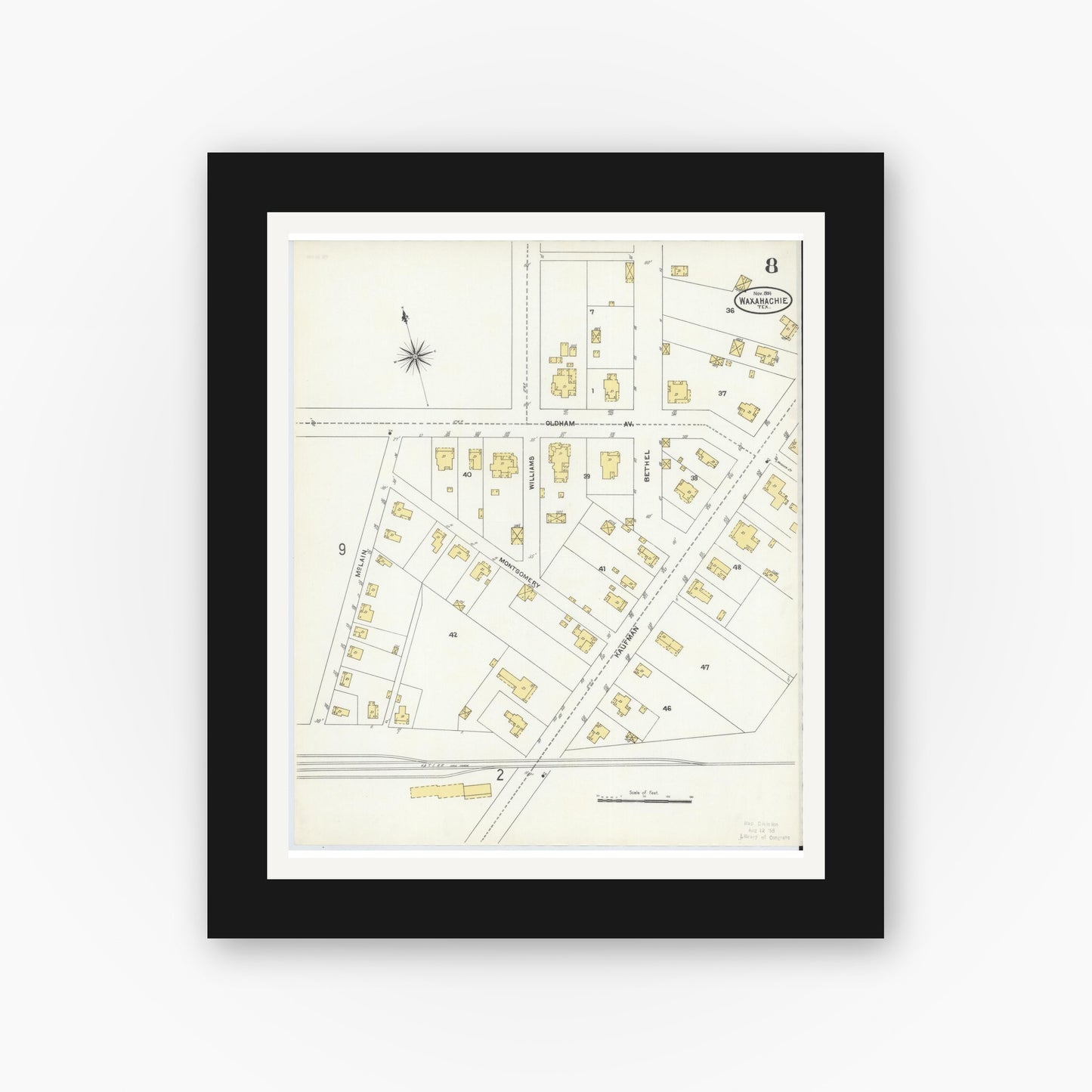 Old map wall art mockup — black gallery frame with white mat — Sanborn Fire Insurance Map from Waxahachie, Ellis County, Texas (1904), Sheet #0008