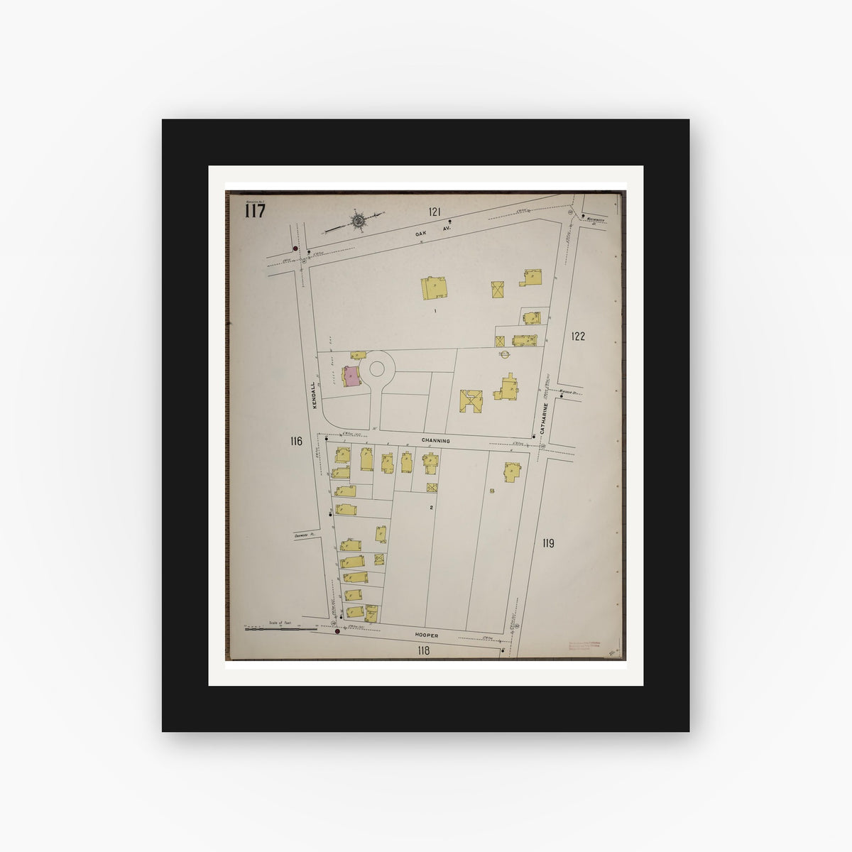 Old map wall art mockup — black gallery frame with white mat — Sanborn Fire Insurance Map from Worcester, Worcester County, Massachusetts (1910), Sheet #0117