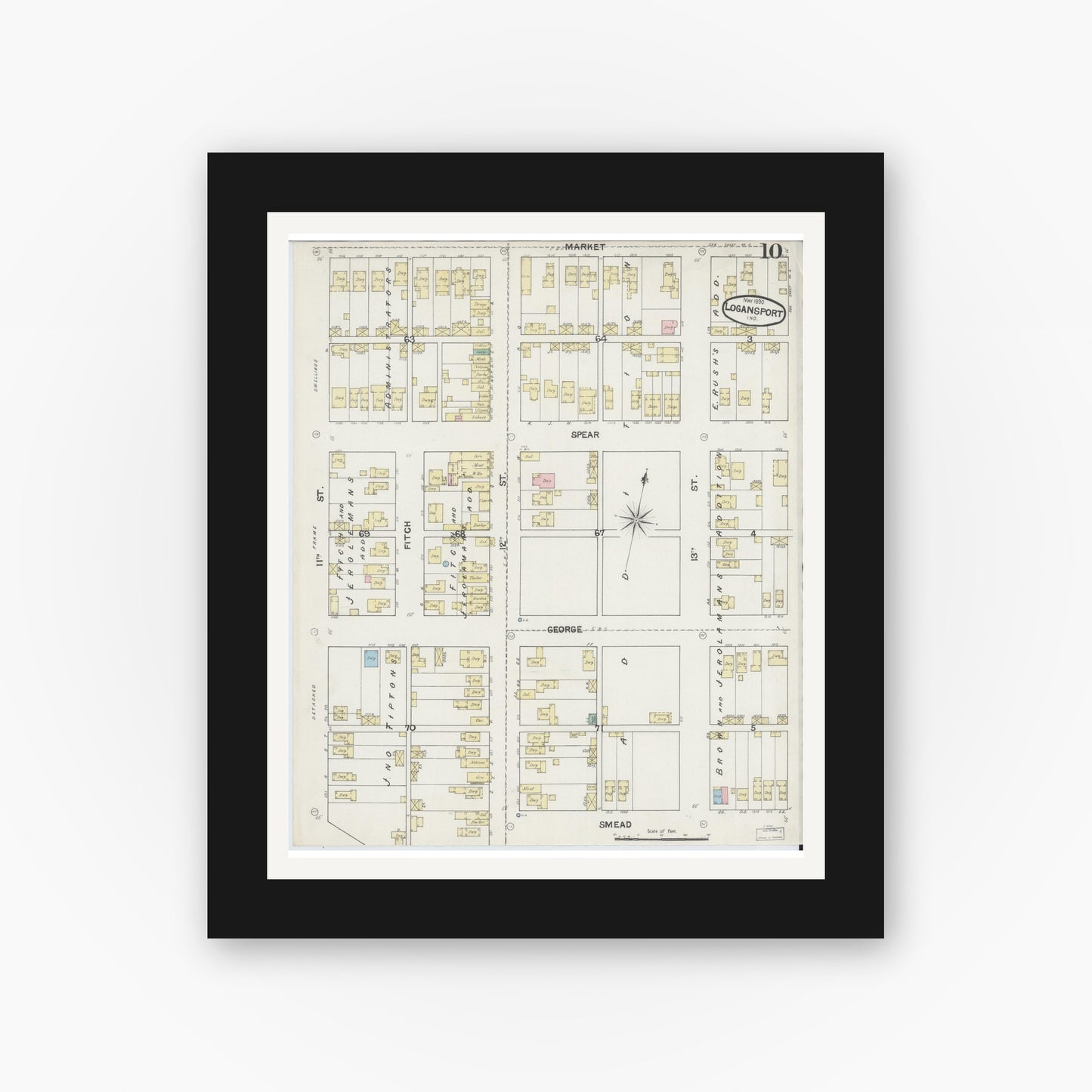 Old map wall art mockup — black gallery frame with white mat — Sanborn Fire Insurance Map from Logansport, Cass County, Indiana (1890), Sheet #0010