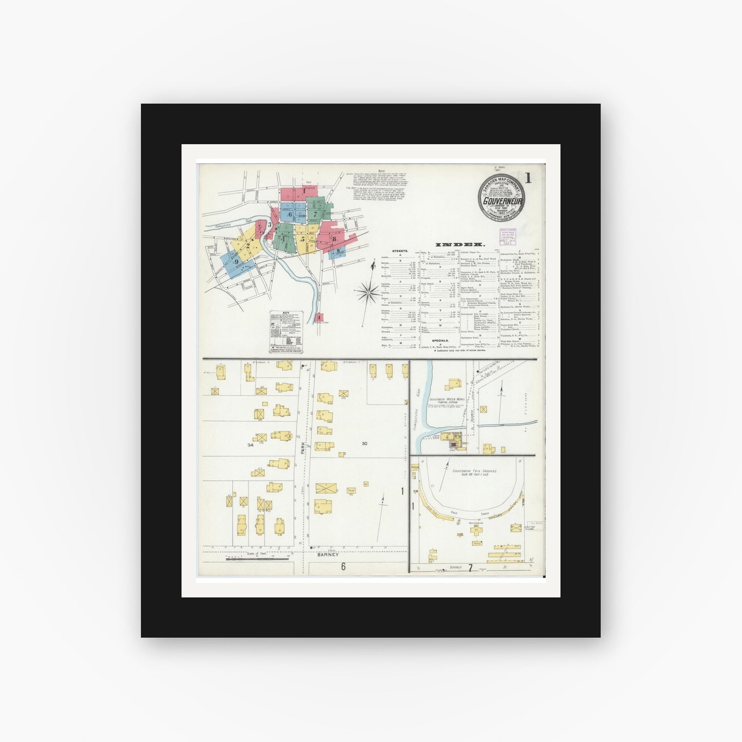 Old map wall art mockup — black gallery frame with white mat — Sanborn Fire Insurance Map from Gouverneur, Saint Lawrence County, New York (1905), Sheet #0001