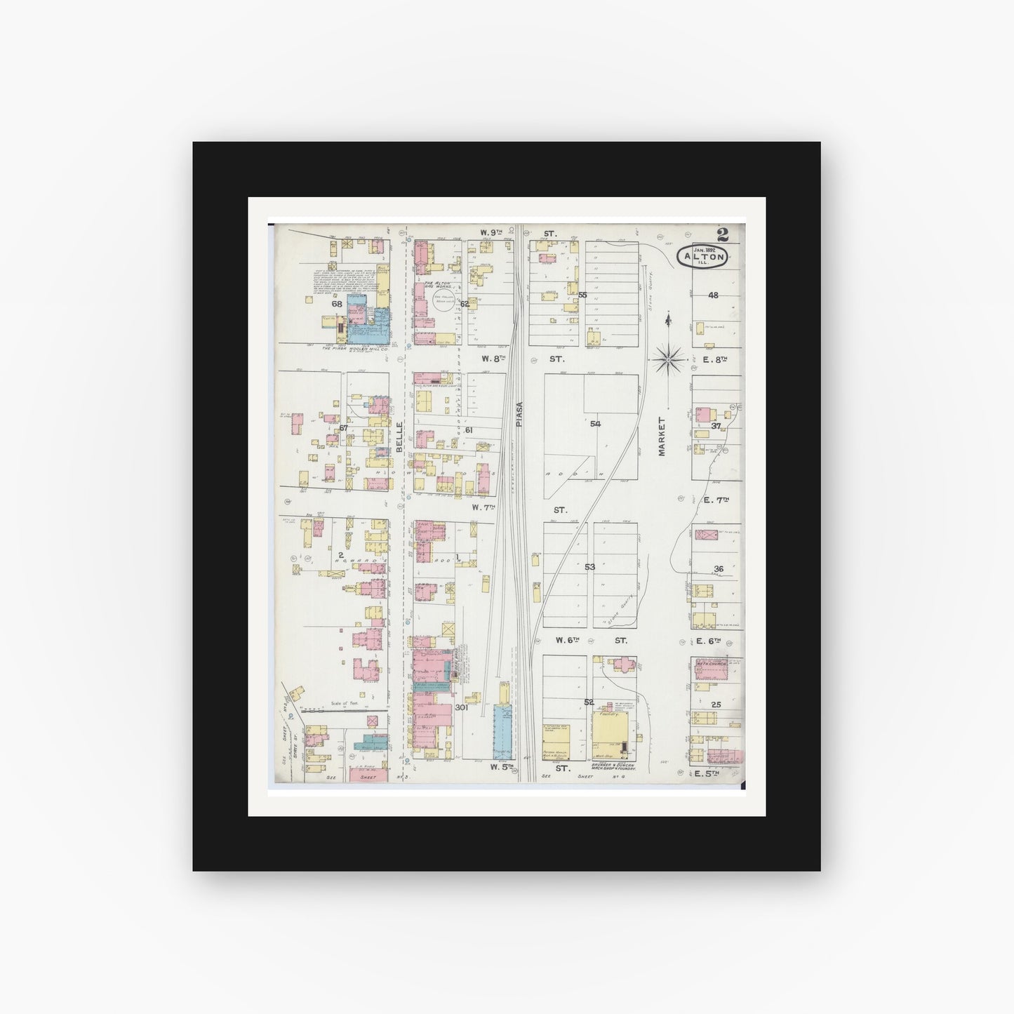 Old map wall art mockup — black gallery frame with white mat — Sanborn Fire Insurance Map from Alton, Madison County, Illinois (1892), Sheet #0002