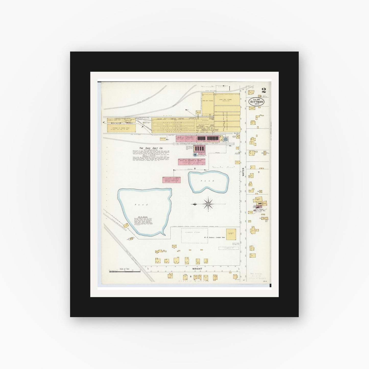 Old map wall art mockup — black gallery frame with white mat — Sanborn Fire Insurance Map from Rittman, Wayne County, Ohio (1908), Sheet #0002